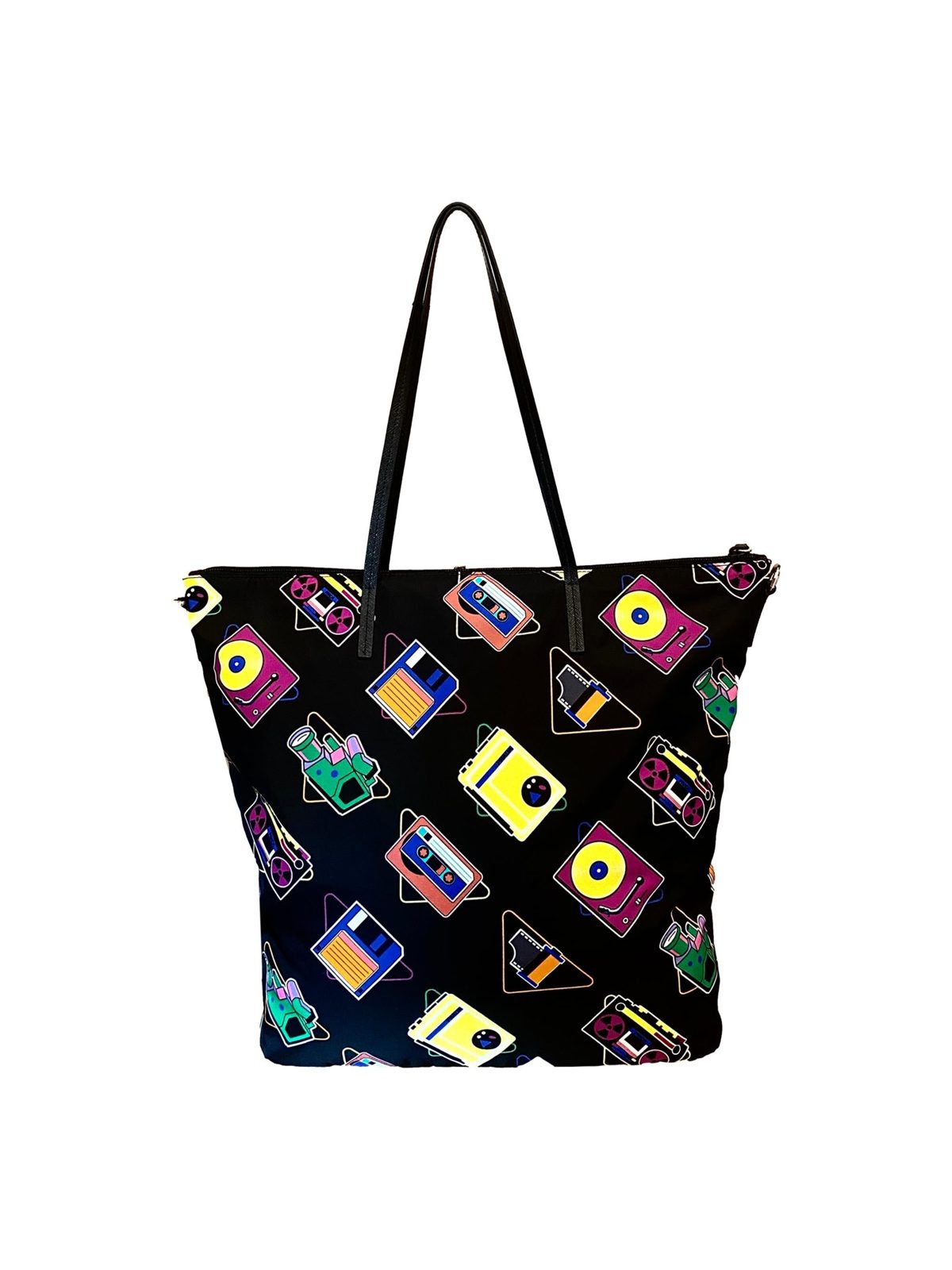 Prada Cassette Print Black Nylon Convertible Tote Shoulder Bag