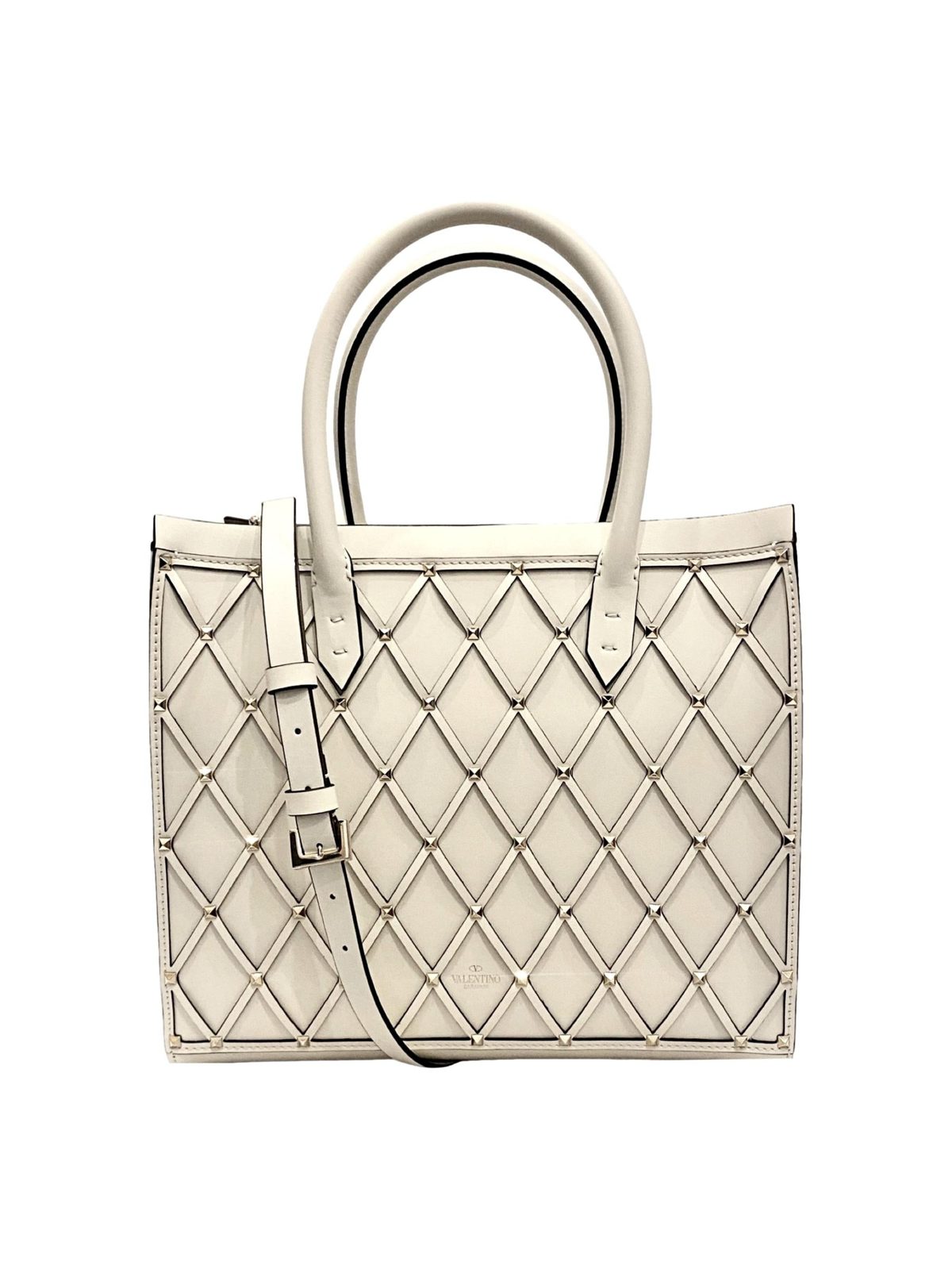 Valentino Garavani Beehive Lattice Ivory Studded Calfskin Leather Crossbody Tote Bag