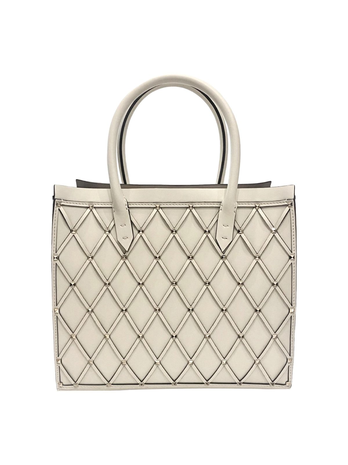 Valentino Garavani Beehive Lattice Ivory Studded Calfskin Leather Crossbody Tote Bag