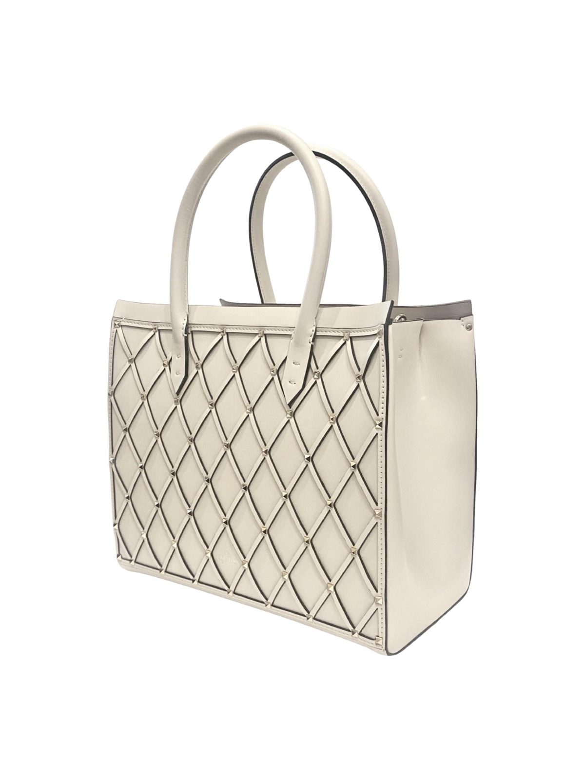 Valentino Garavani Beehive Lattice Ivory Studded Calfskin Leather Crossbody Tote Bag
