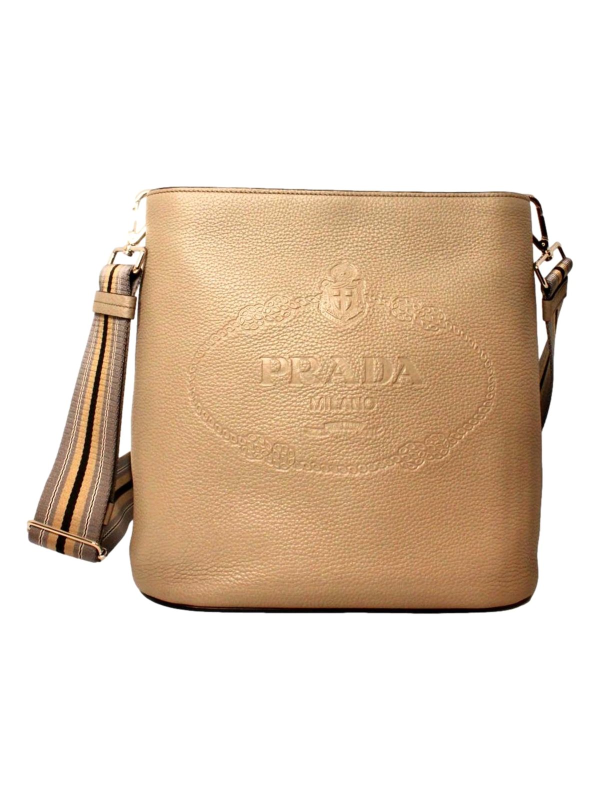 Prada Vitello Phenix Cammeo Leather Stripe Strap Bucket Bag