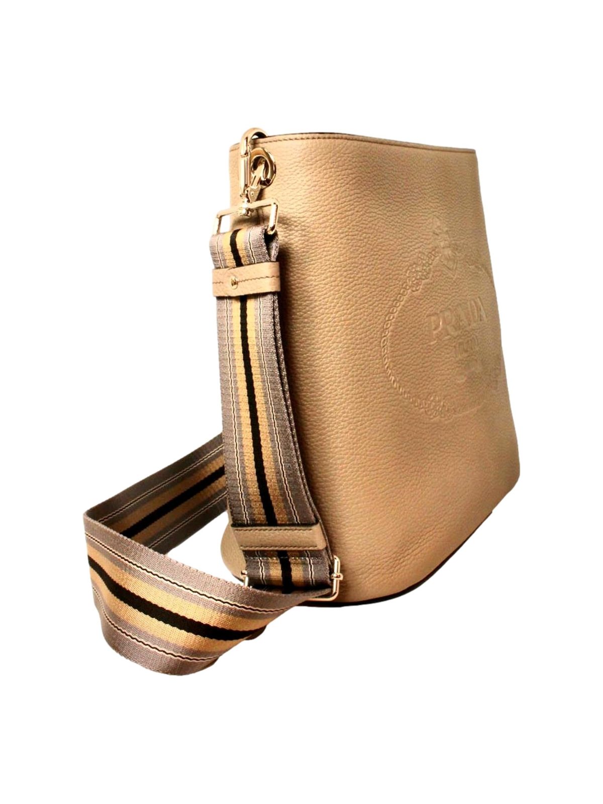 Prada Vitello Phenix Cammeo Leather Stripe Strap Bucket Bag