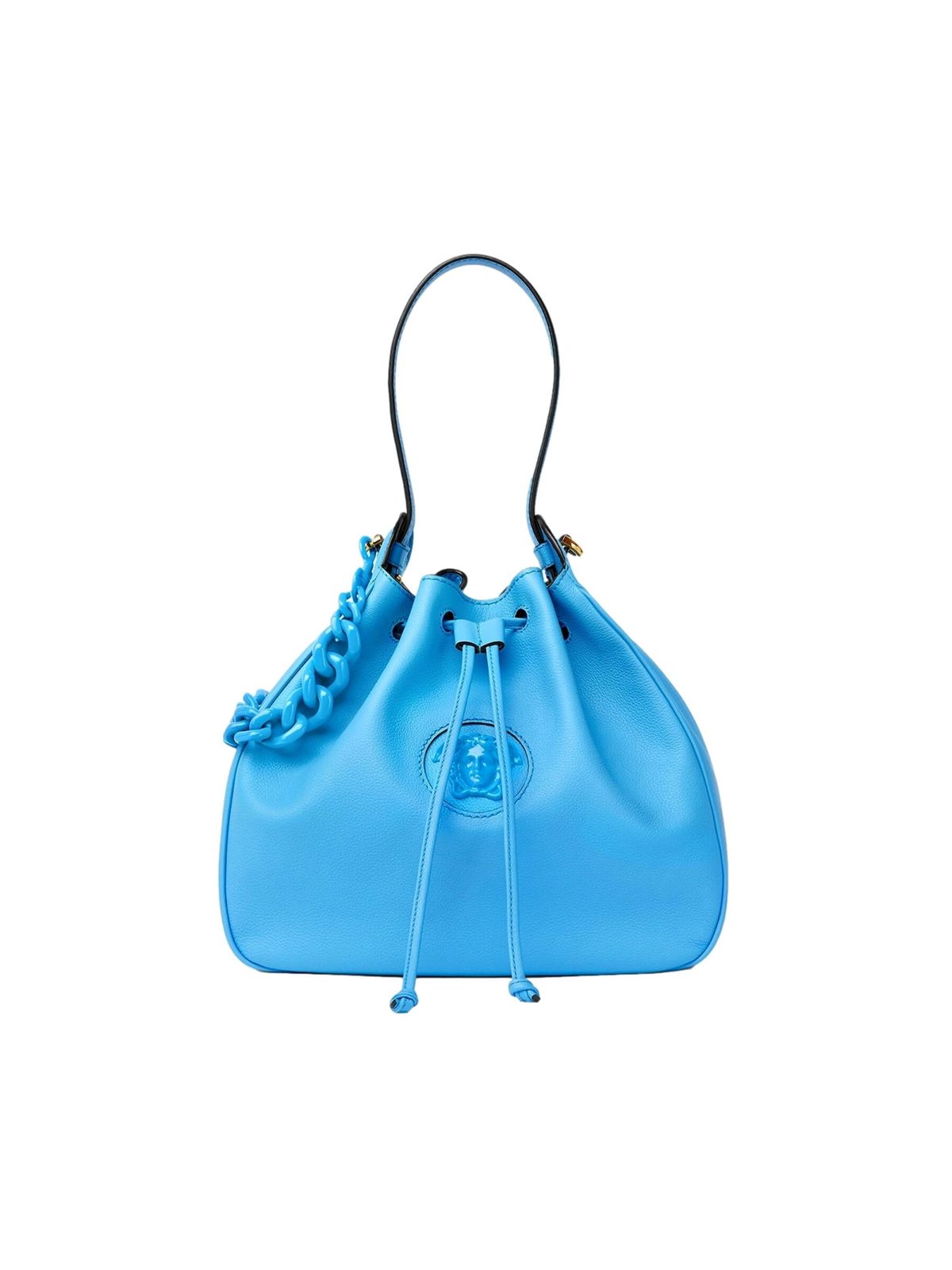 Versace La Medusa Blue Textured Leather Bucket Bag Gold Hardware Chain Strap
