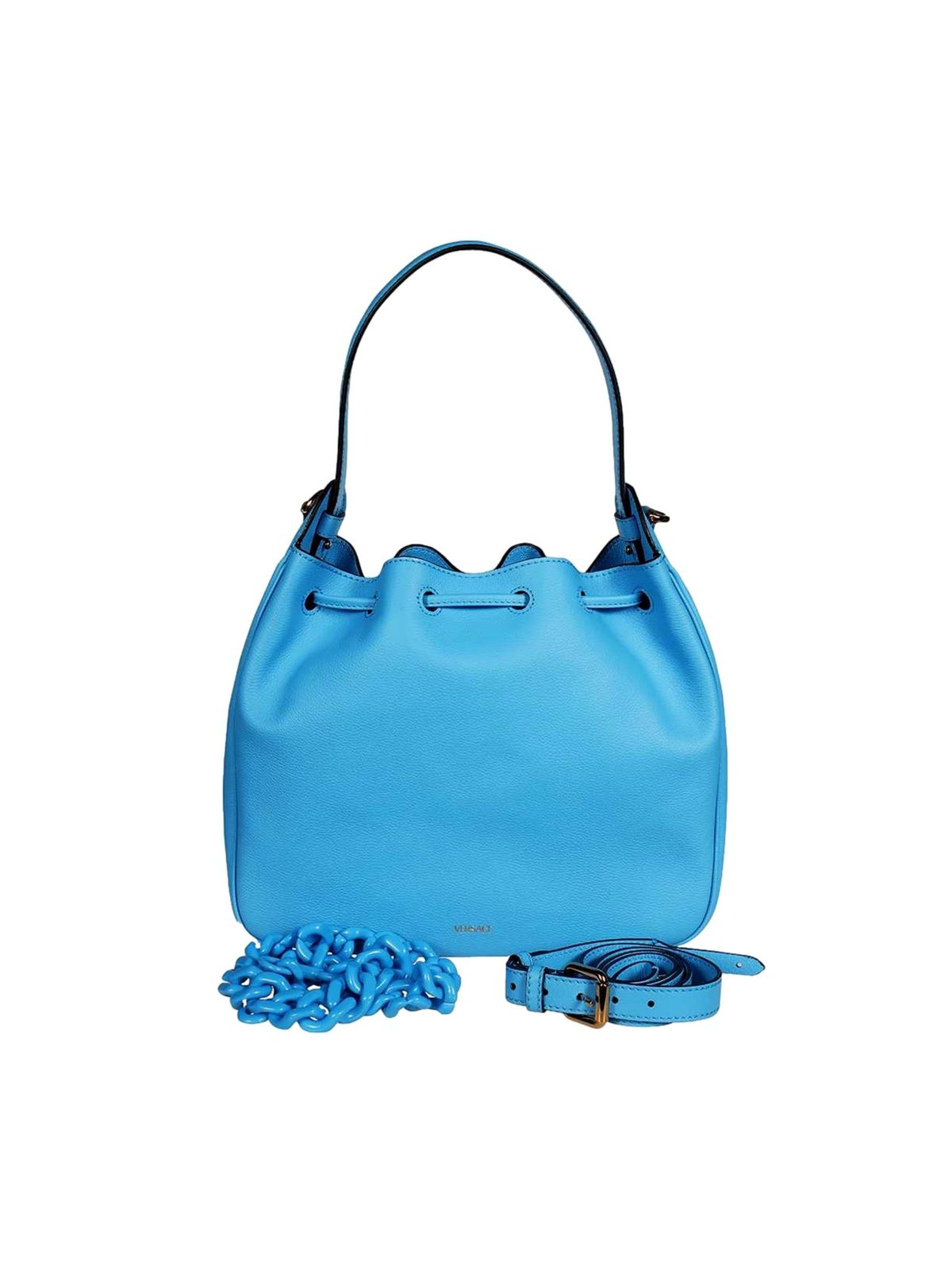Versace La Medusa Blue Textured Leather Bucket Bag Gold Hardware Chain Strap