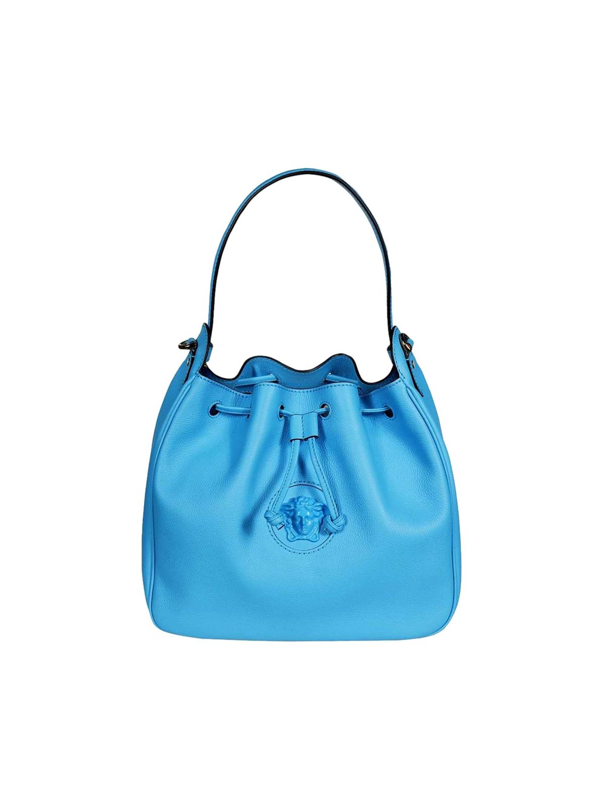 Versace La Medusa Blue Textured Leather Bucket Bag Gold Hardware Chain Strap