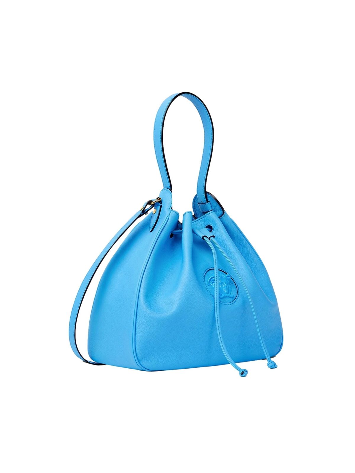 Versace La Medusa Blue Textured Leather Bucket Bag Gold Hardware Chain Strap