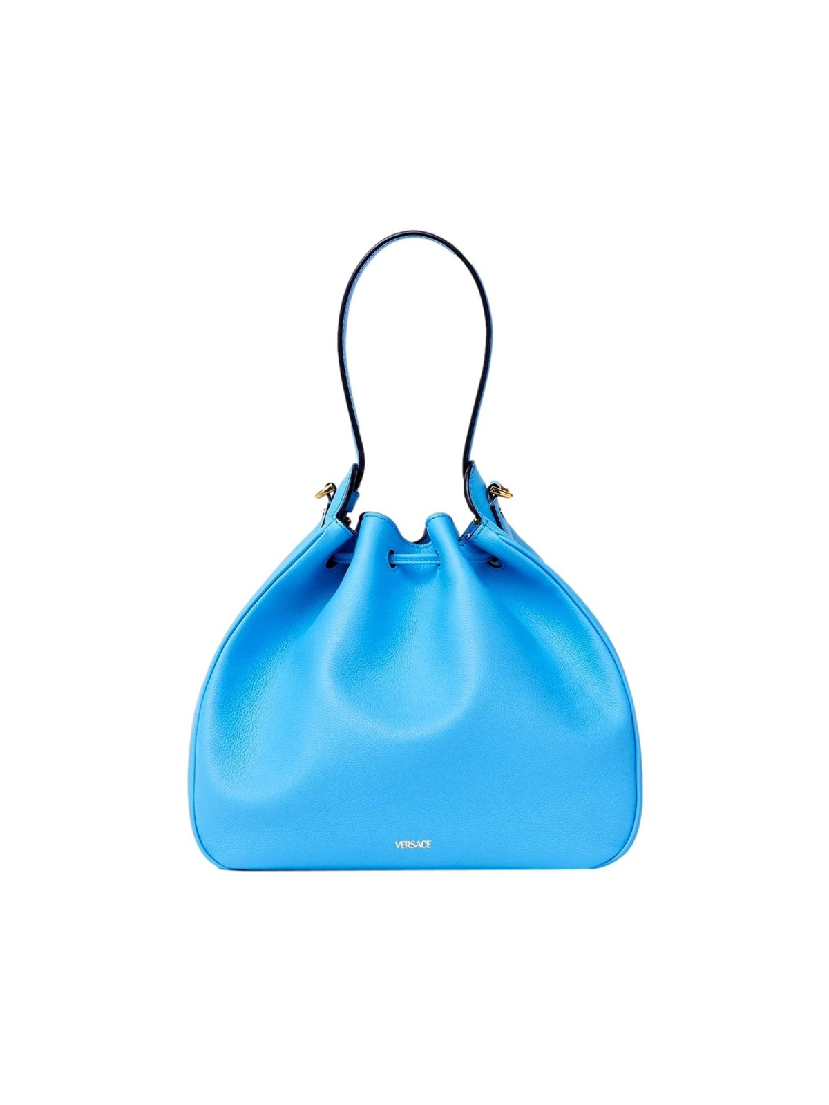 Versace La Medusa Blue Textured Leather Bucket Bag Gold Hardware Chain Strap