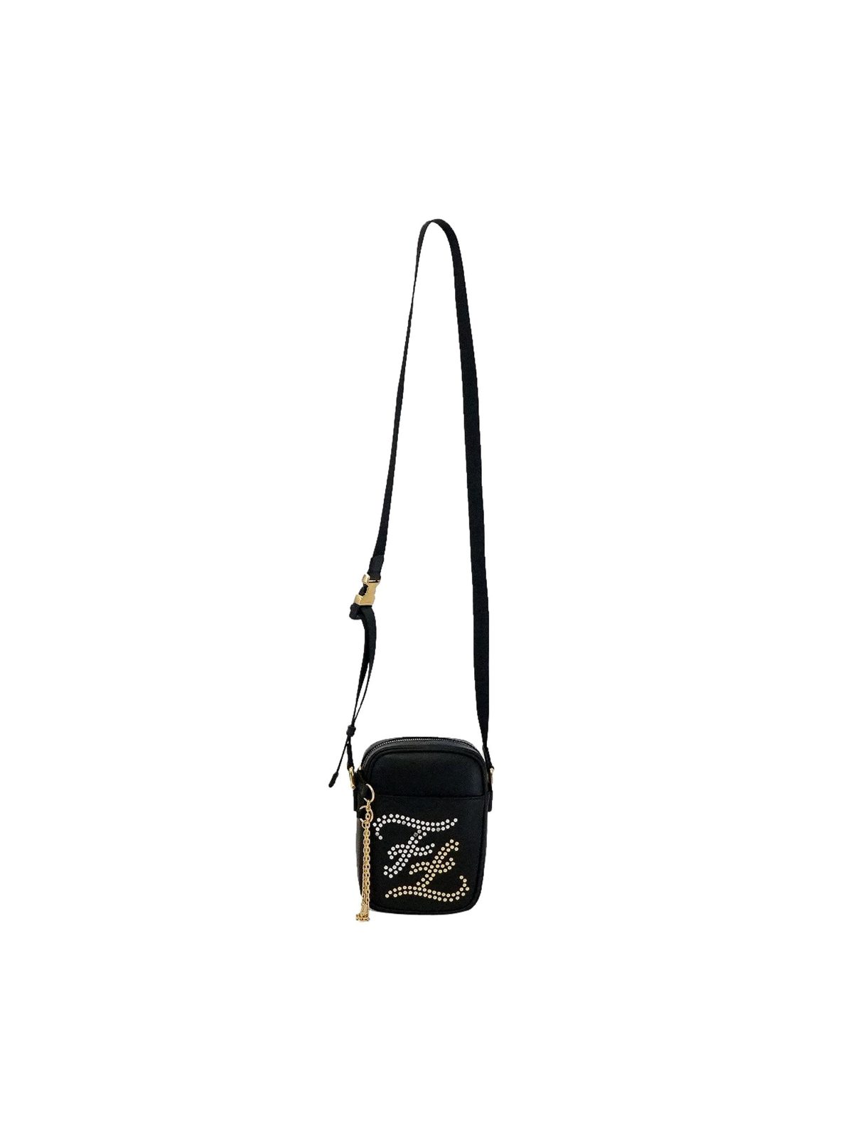 Fendi Karligraphy Studded Black Leather Small Crossbody Bag