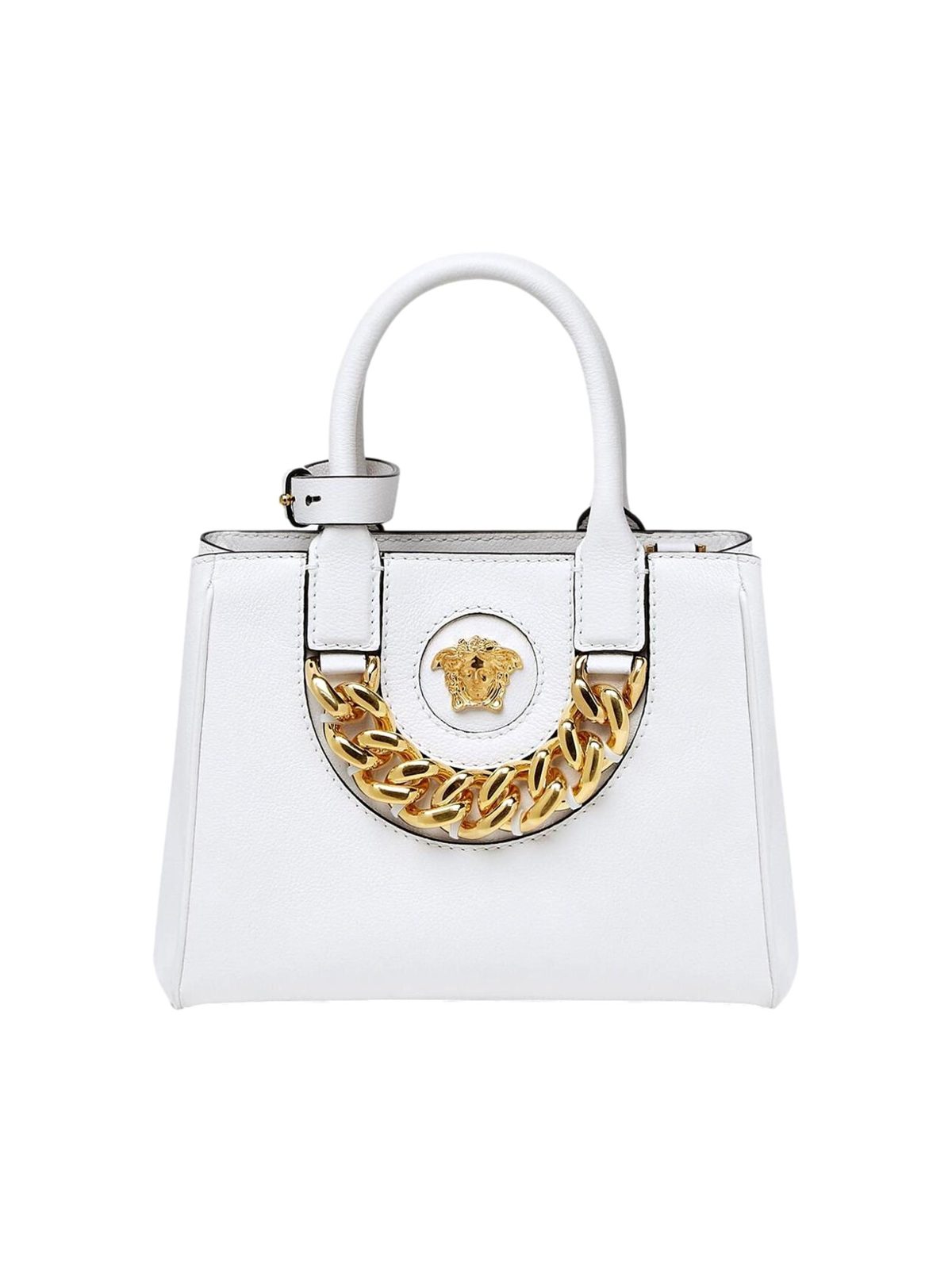 Versace La Medusa White Leather Small Crossbody Tote Bag Gold Plaque Chain