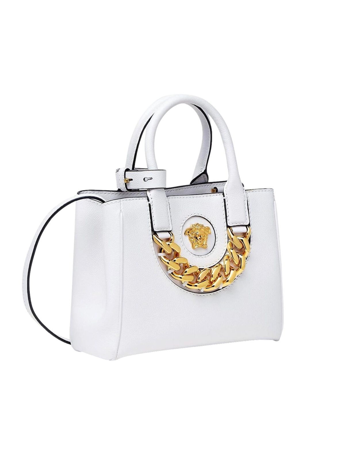 Versace La Medusa White Leather Small Crossbody Tote Bag Gold Plaque Chain