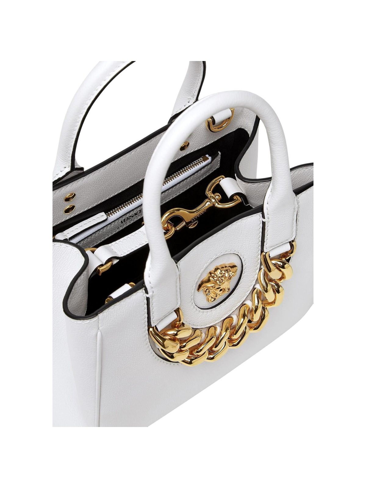 Versace La Medusa White Leather Small Crossbody Tote Bag Gold Plaque Chain