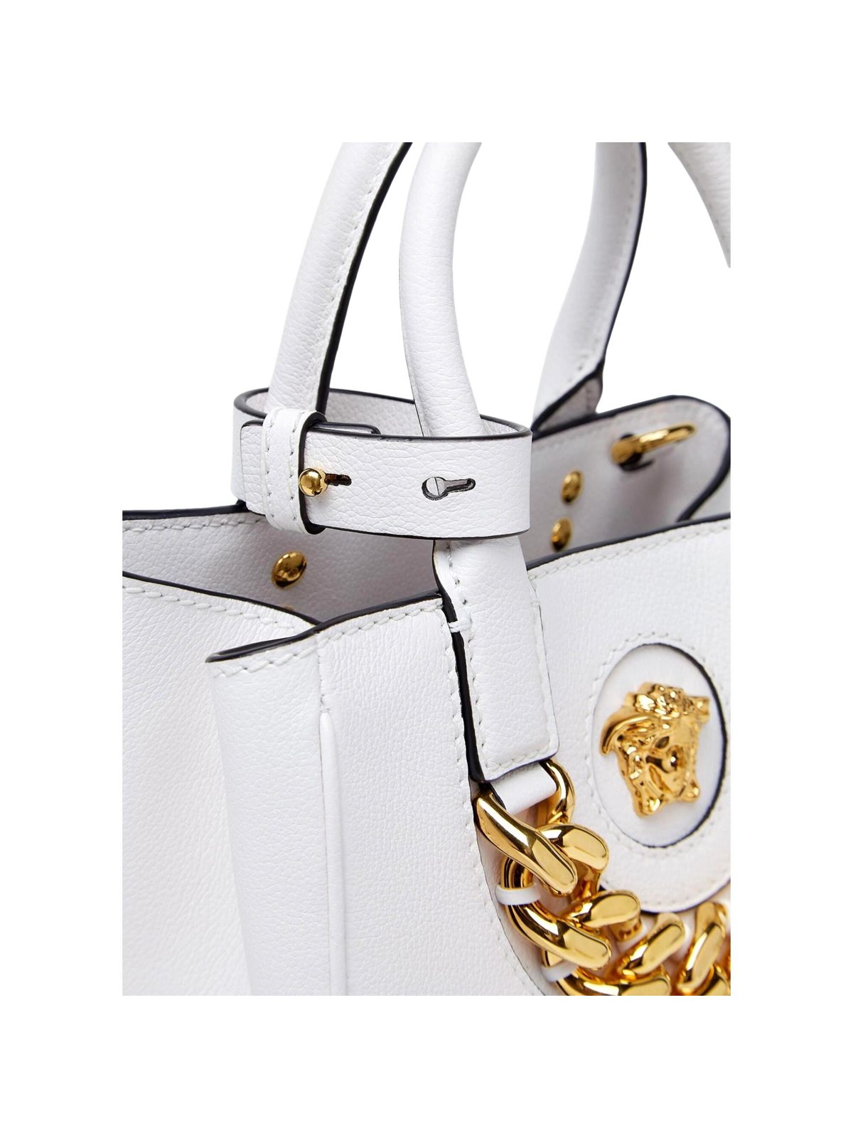 Versace La Medusa White Leather Small Crossbody Tote Bag Gold Plaque Chain