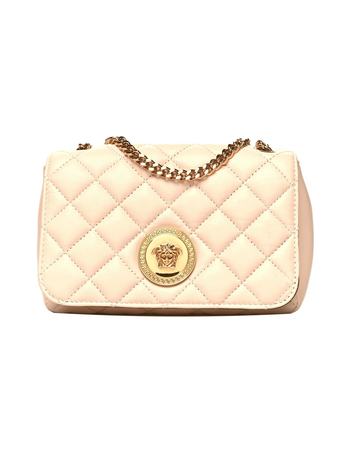 Versace La Medusa Nappa Quilted Beige Leather Small Crossbody Bag Gold Chain