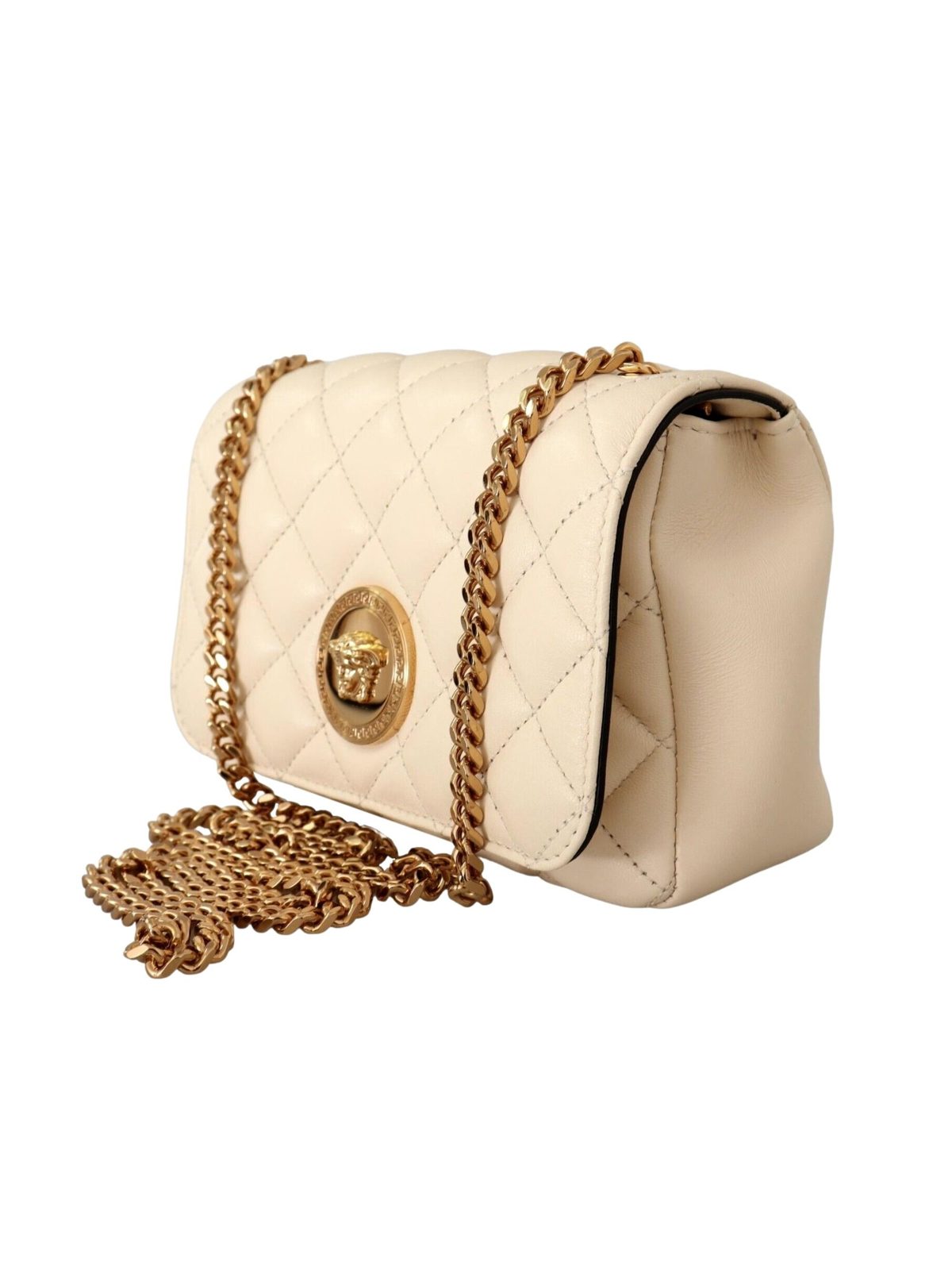 Versace La Medusa Nappa Quilted Beige Leather Small Crossbody Bag Gold Chain