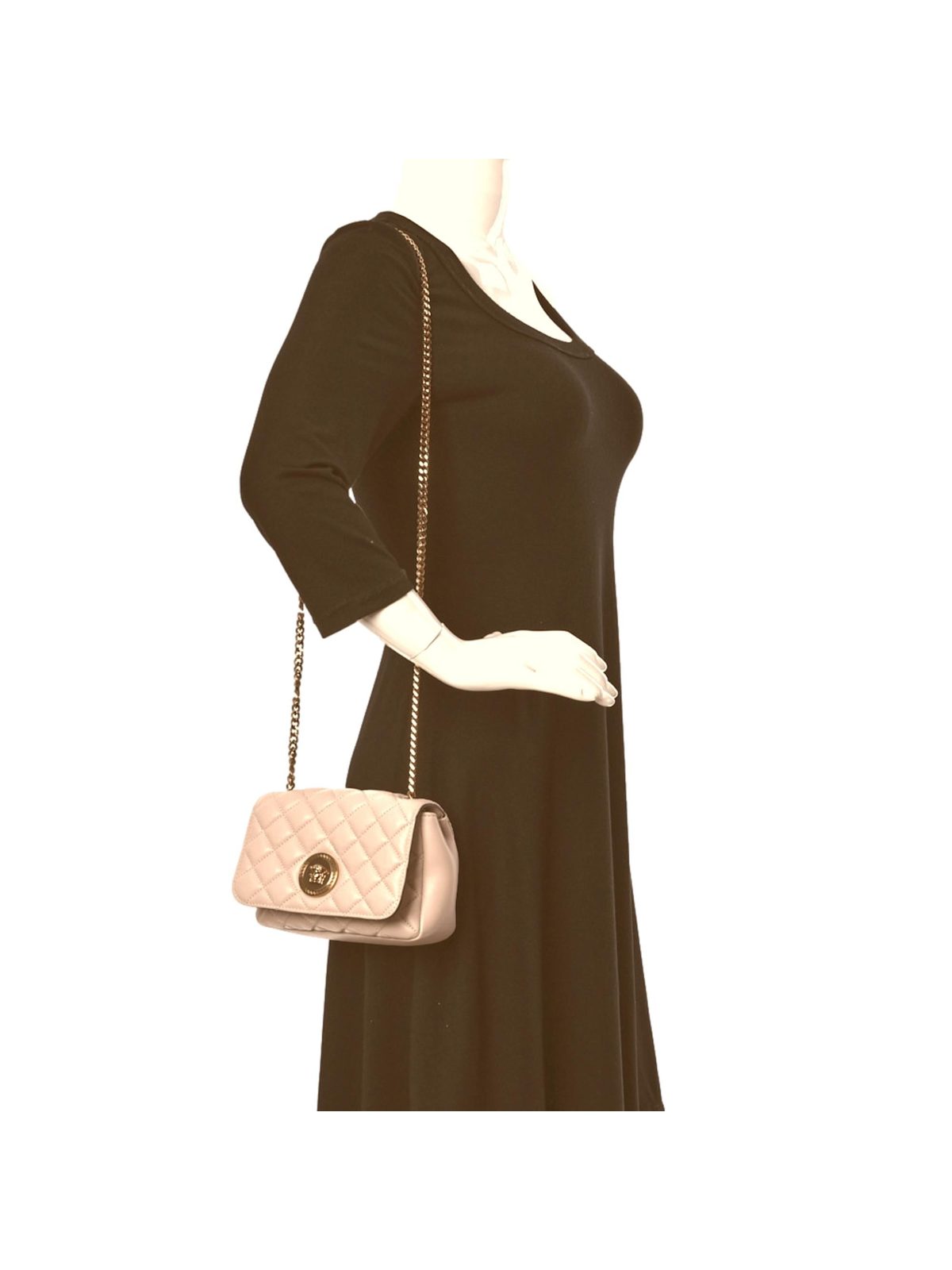 Versace La Medusa Nappa Quilted Beige Leather Small Crossbody Bag Gold Chain