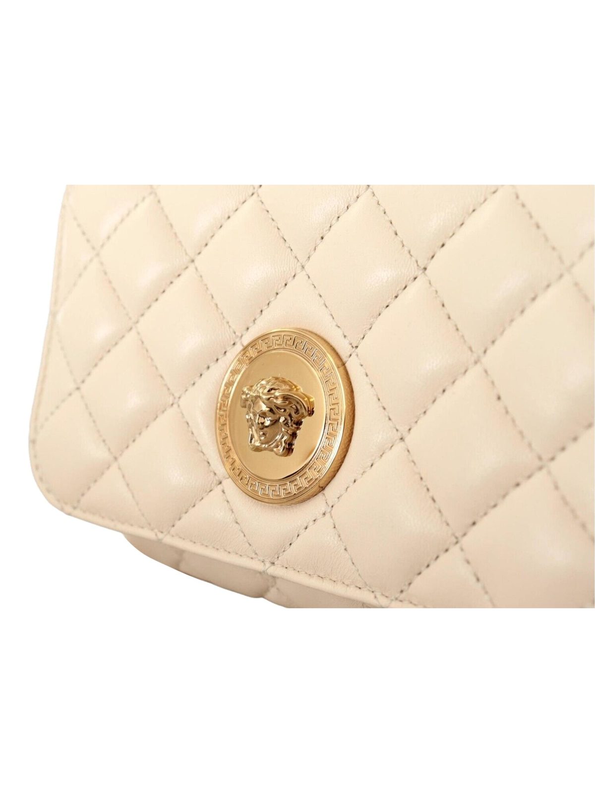 Versace La Medusa Nappa Quilted Beige Leather Small Crossbody Bag Gold Chain