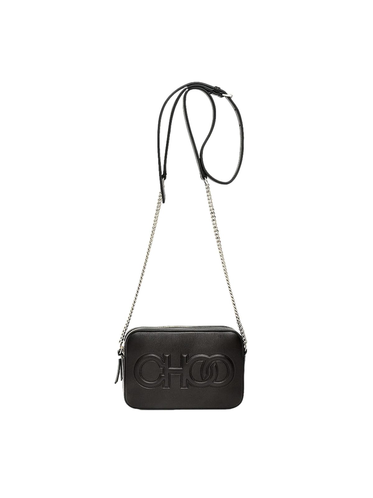 Jimmy Choo Balti Camera Crossbody Bag Black Embossed Leather Chain Strap