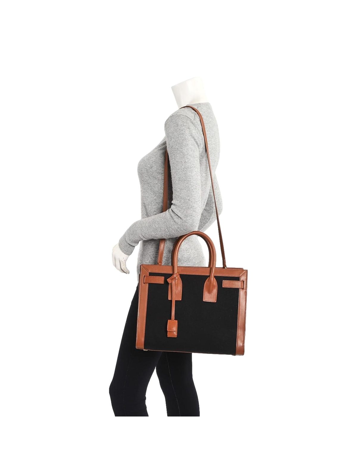 Saint Laurent Sac De Jour Black Canvas and Brown Leather Satchel