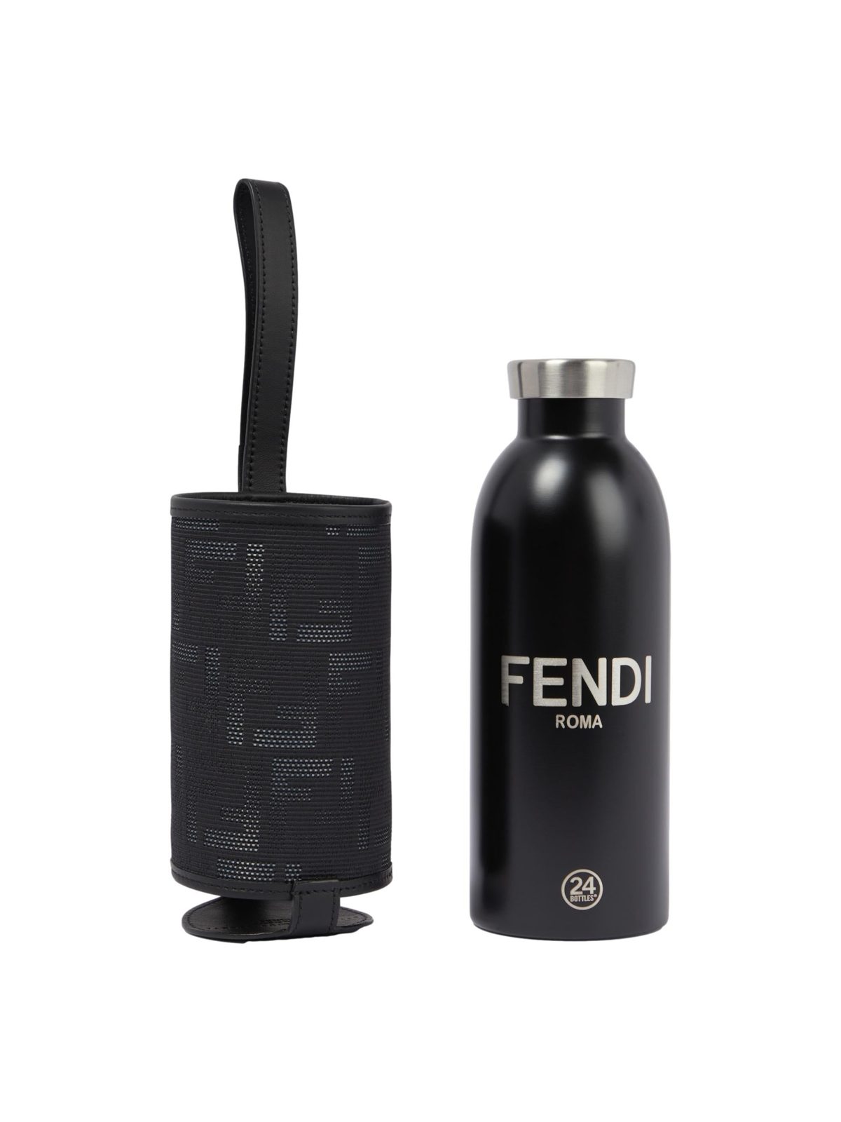 Fendi FF Bottle Holder Black Canvas Leather Strap with Steel Bottle