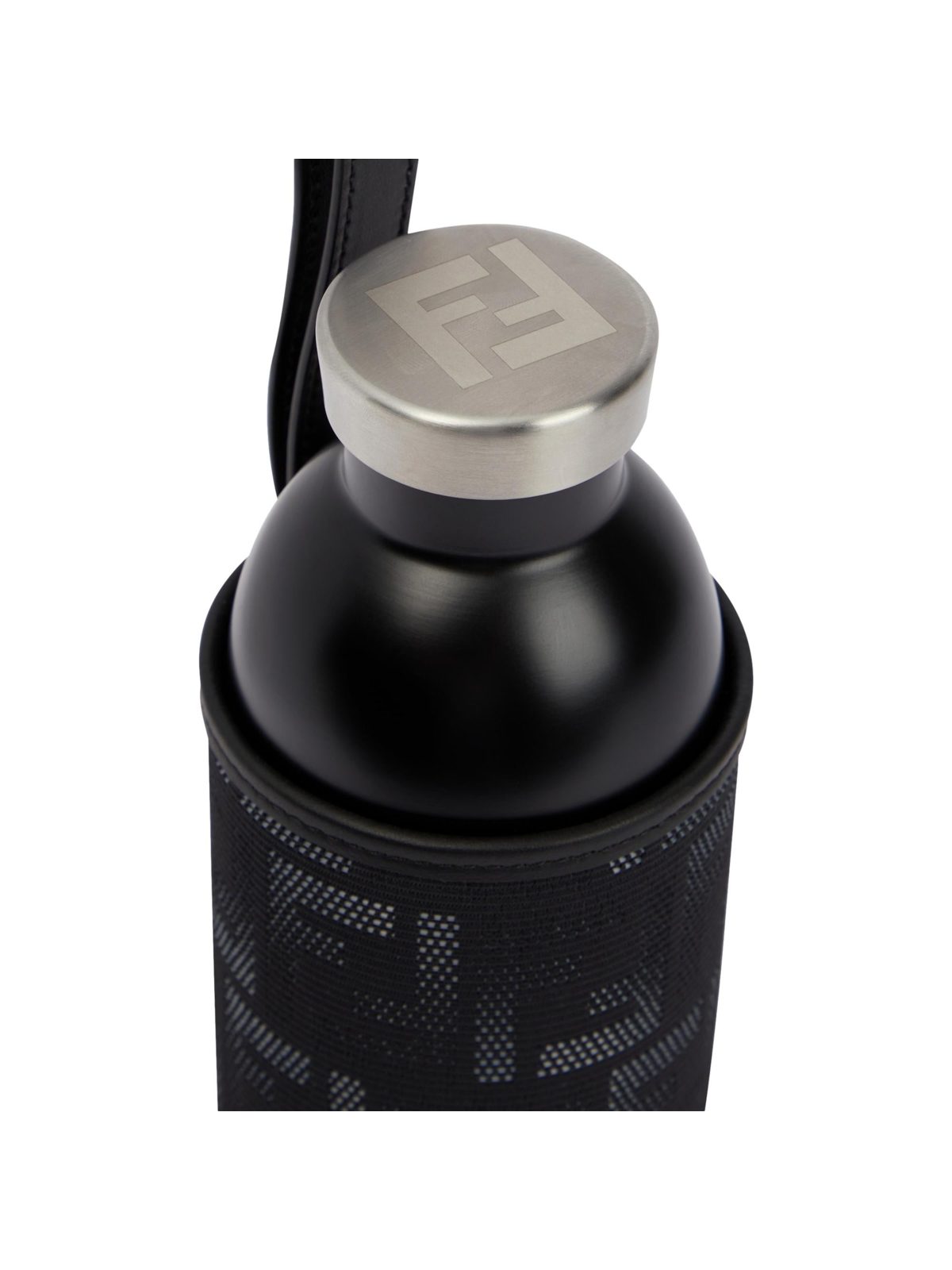 Fendi FF Bottle Holder Black Canvas Leather Strap with Steel Bottle