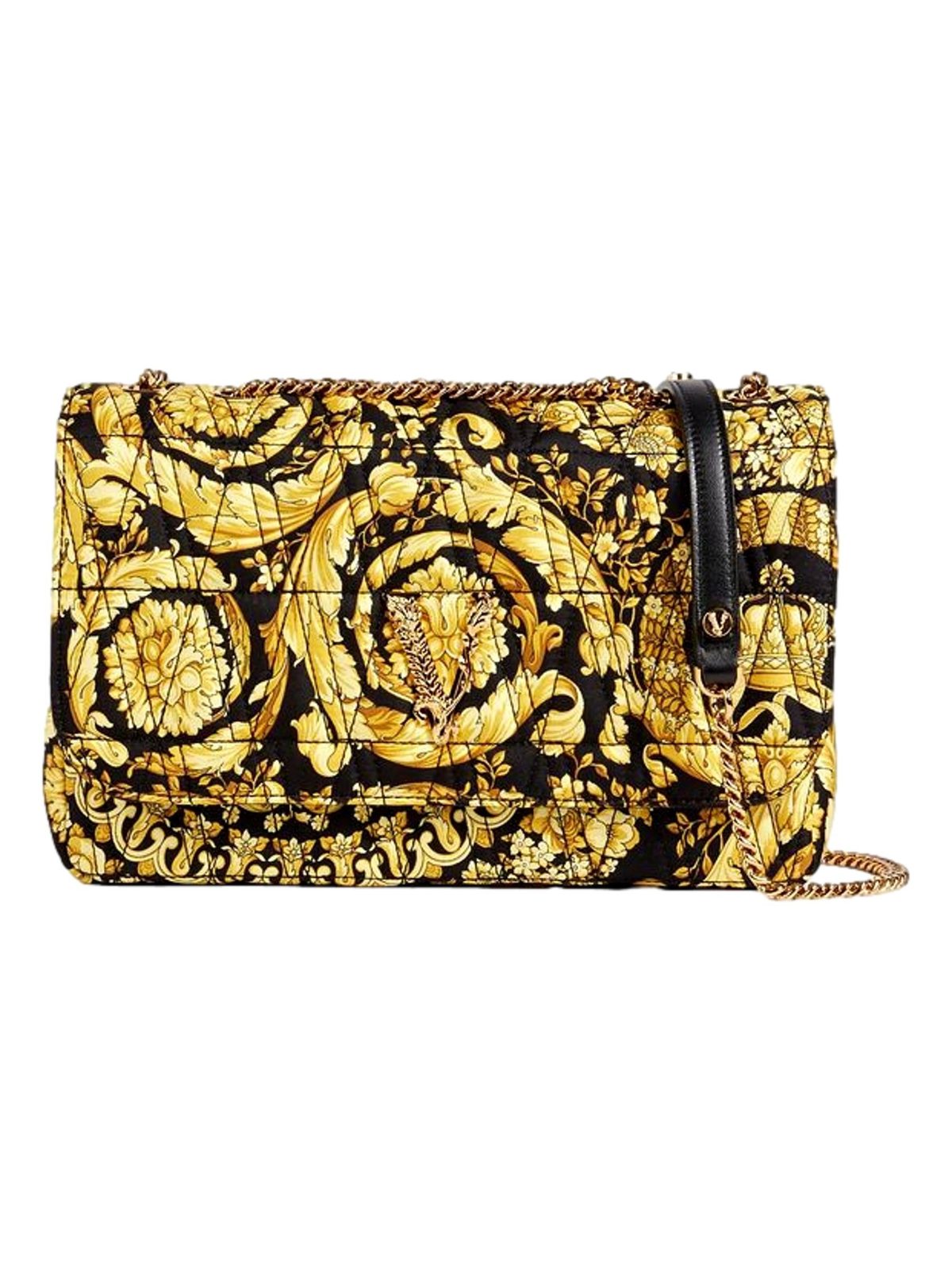 Versace Virtus Barocco Print Quilted Silk Shoulder Bag Black Gold