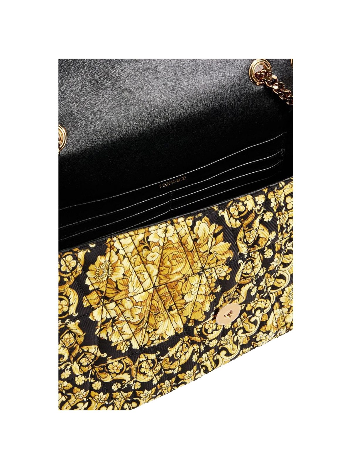 Versace Virtus Barocco Print Quilted Silk Shoulder Bag Black Gold
