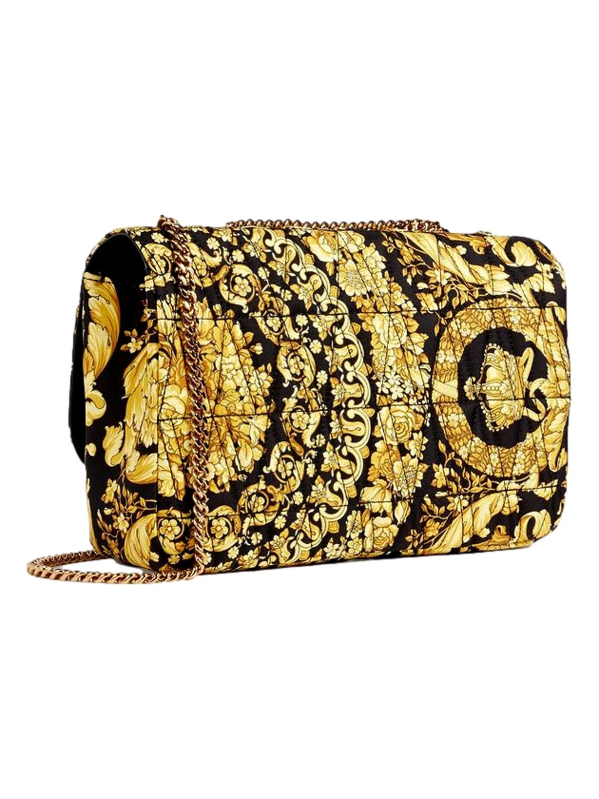 Versace Virtus Barocco Print Quilted Silk Shoulder Bag Black Gold