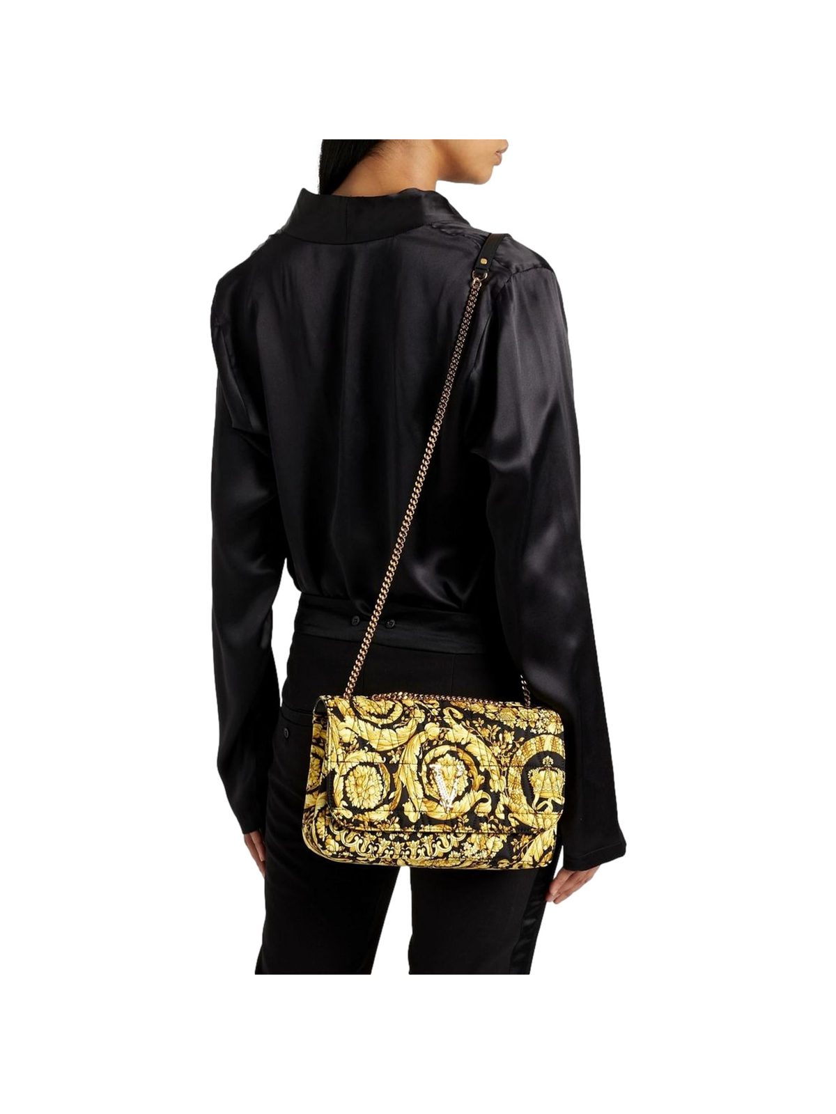 Versace Virtus Barocco Print Quilted Silk Shoulder Bag Black Gold