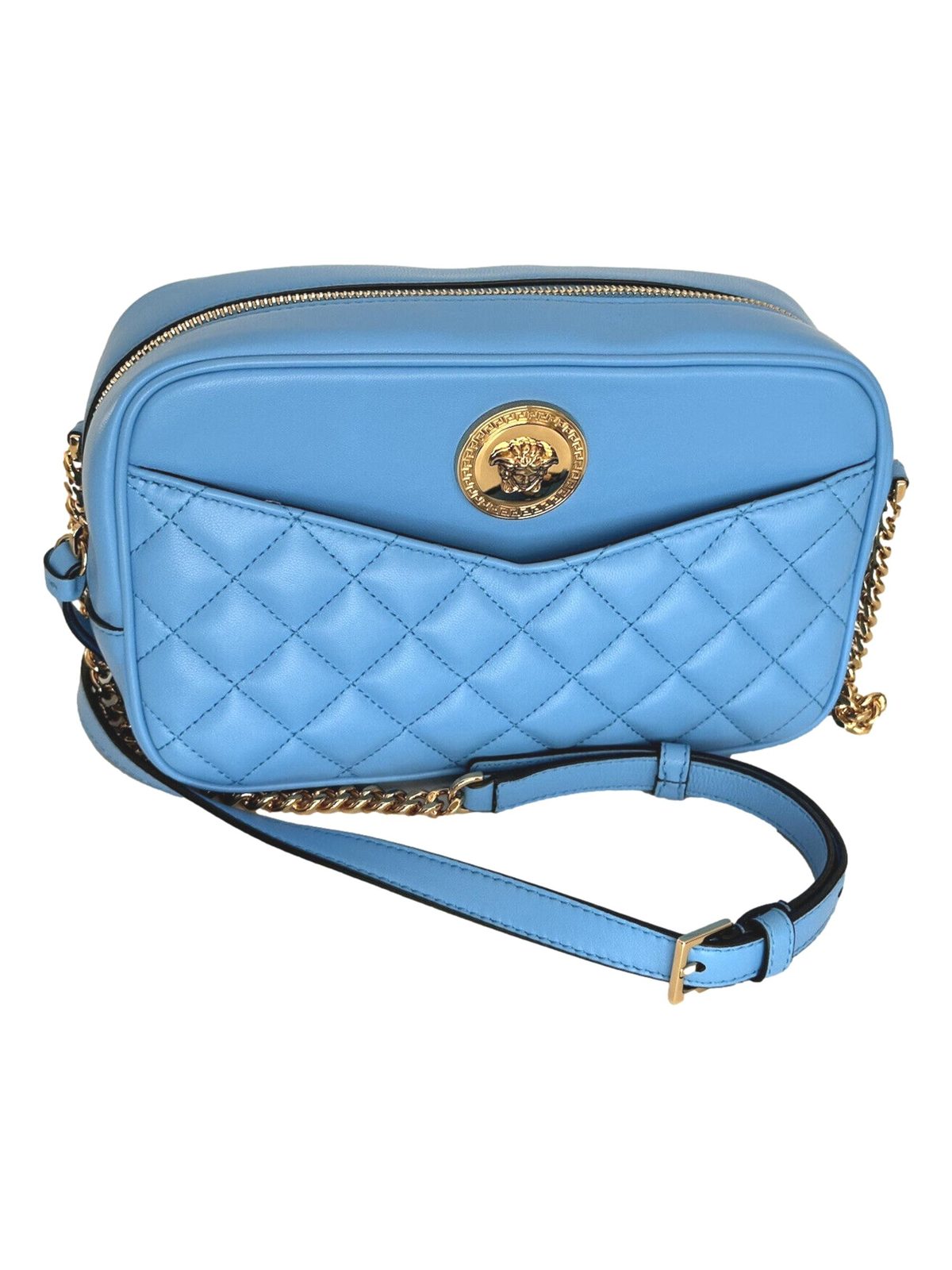 Versace La Medusa Blue Quilted Lamb Leather Medium Crossbody Bag