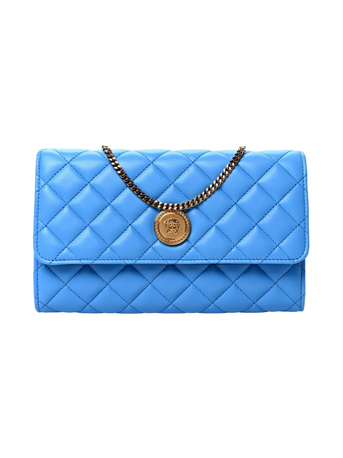 Versace La Medusa Blue Quilted Lamb Leather Crossbody Clutch Bag