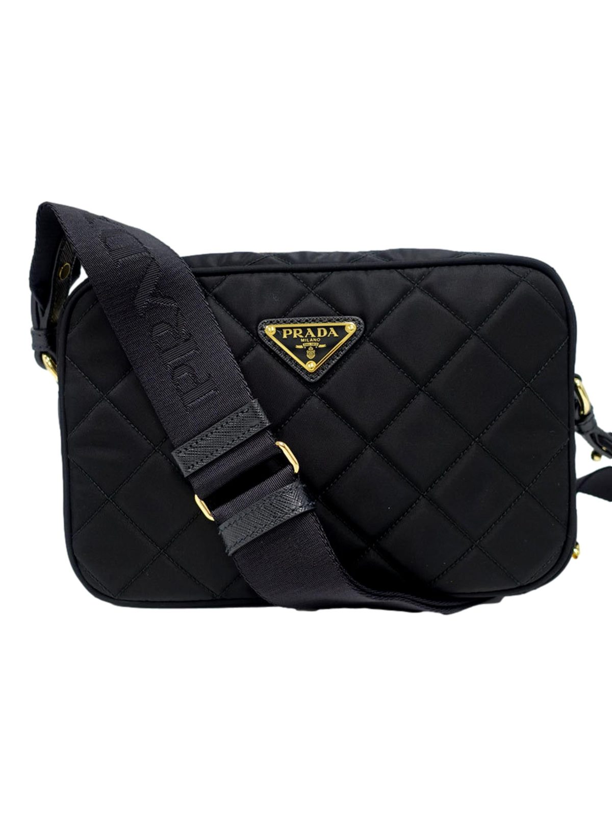 Prada Tessuto Black Quilted Nylon Triangle Logo Camera Crossbody Bag