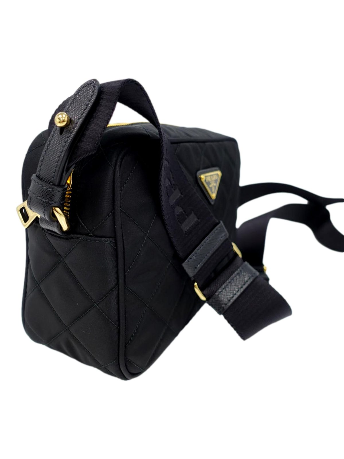 Prada Tessuto Black Quilted Nylon Triangle Logo Camera Crossbody Bag