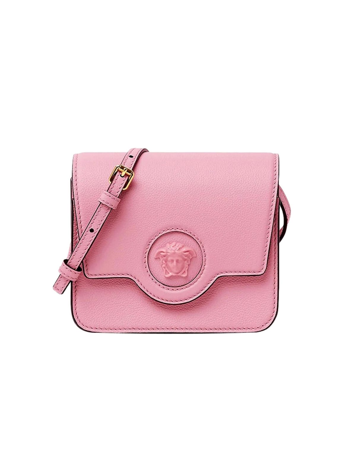 Versace La Medusa Pink Pebbled Leather Small Crossbody Bag Gold Logo