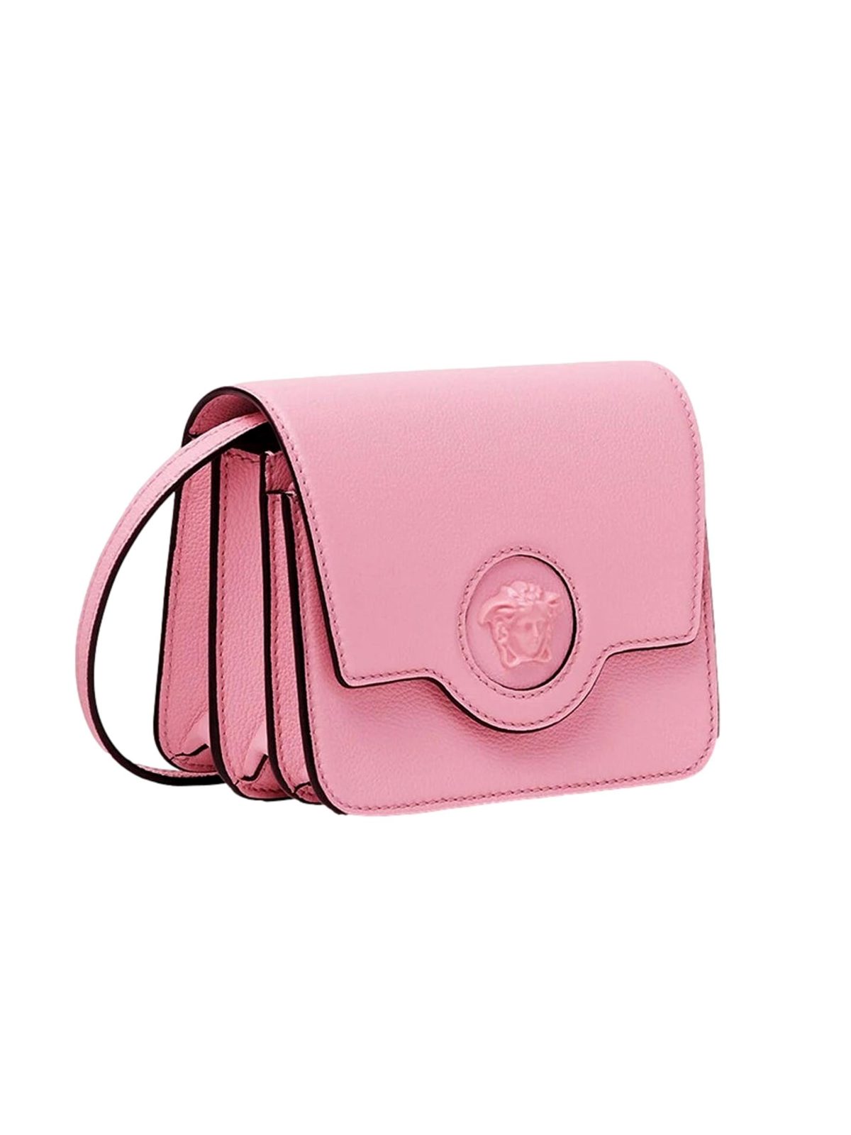 Versace La Medusa Pink Pebbled Leather Small Crossbody Bag Gold Logo