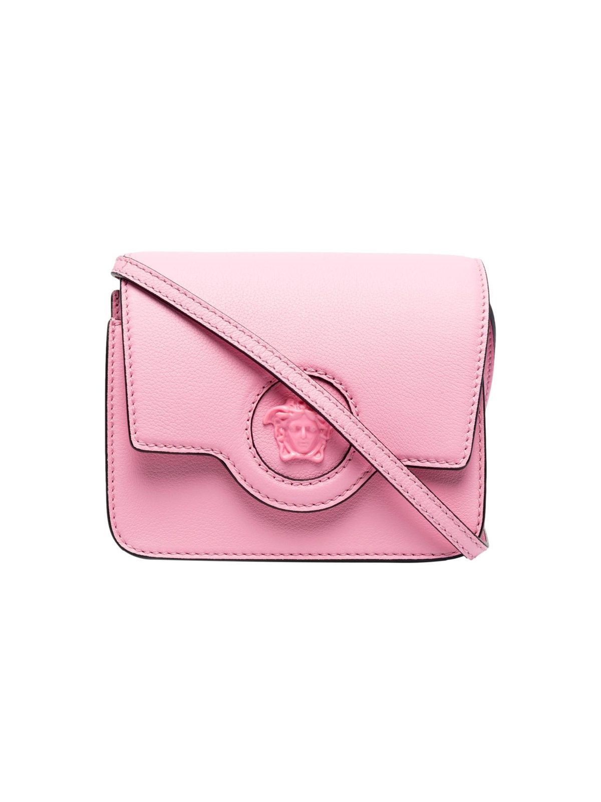 Versace La Medusa Pink Pebbled Leather Small Crossbody Bag Gold Logo