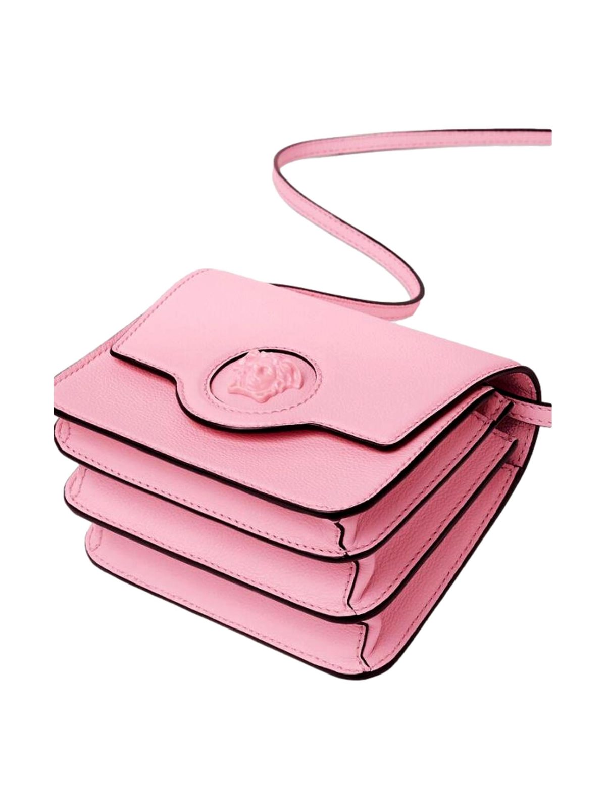Versace La Medusa Pink Pebbled Leather Small Crossbody Bag Gold Logo