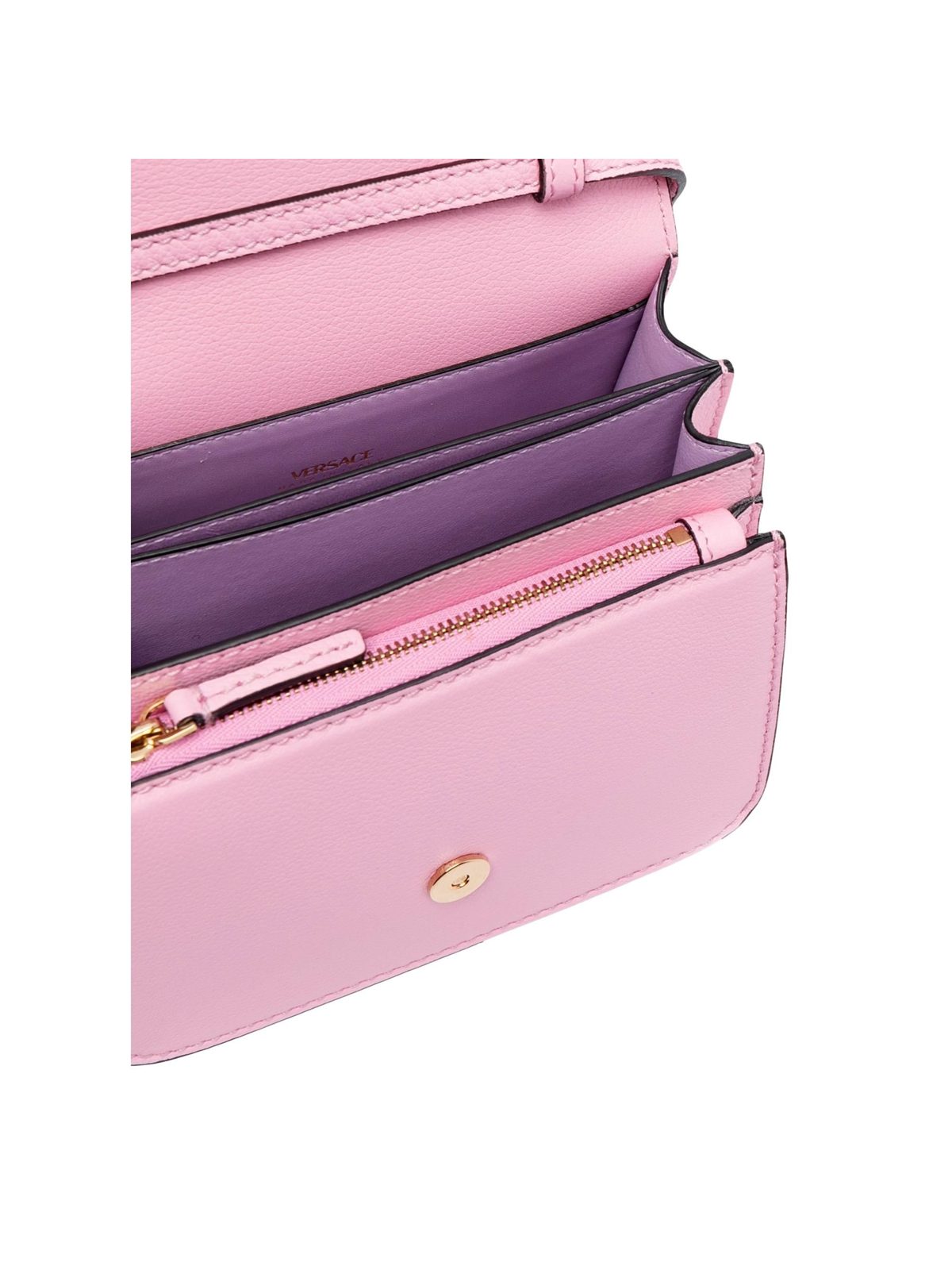 Versace La Medusa Pink Pebbled Leather Small Crossbody Bag Gold Logo