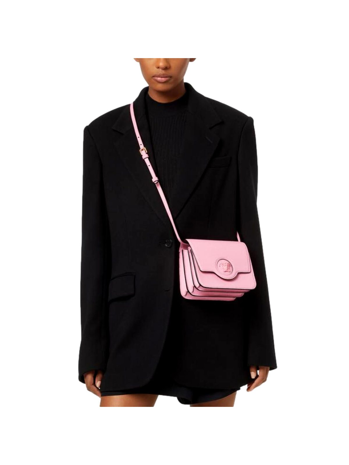 Versace La Medusa Pink Pebbled Leather Small Crossbody Bag Gold Logo
