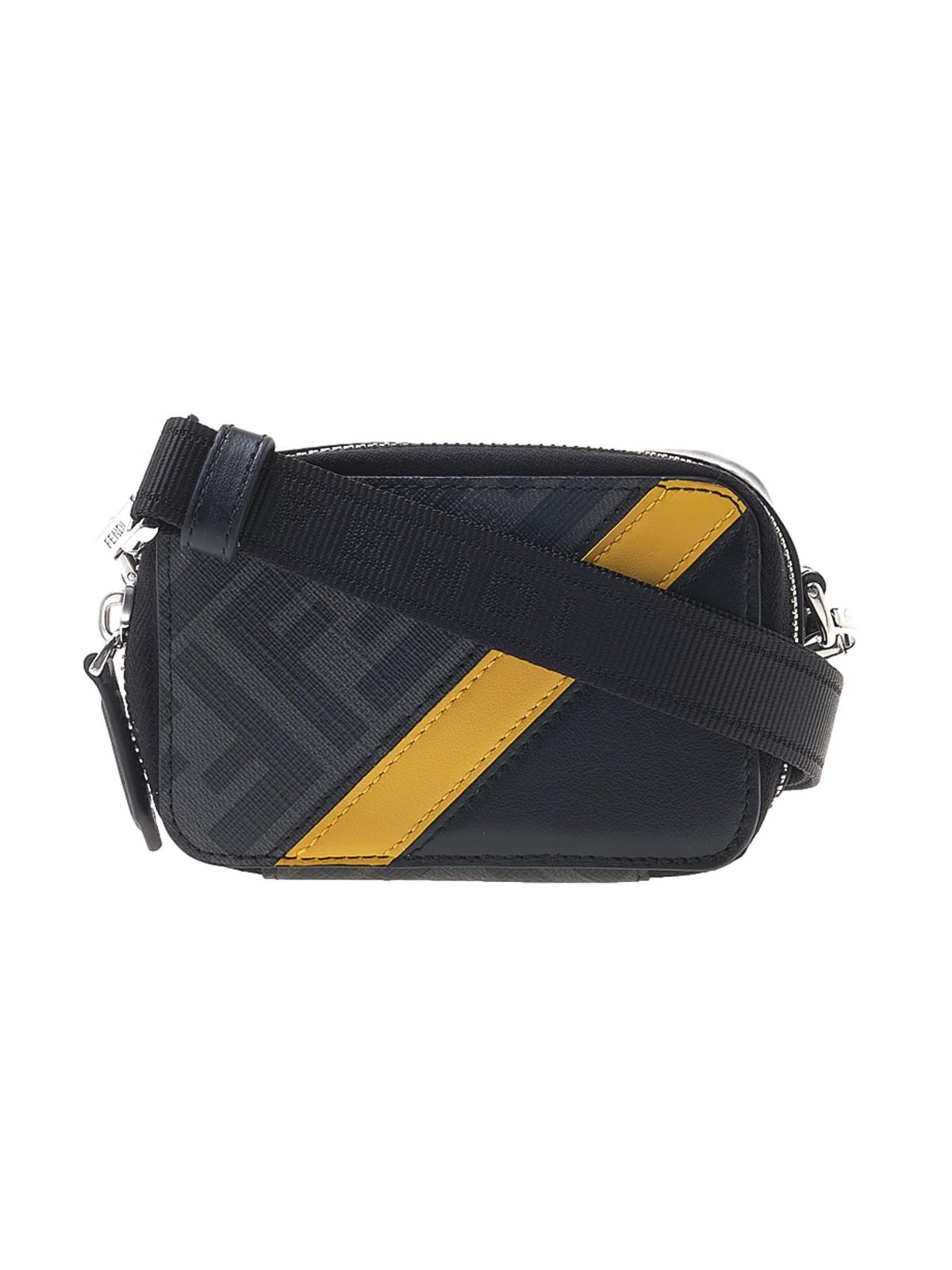 Fendi FF Diagonal Stripe Mini Camera Crossbody Bag Black Canvas Leather