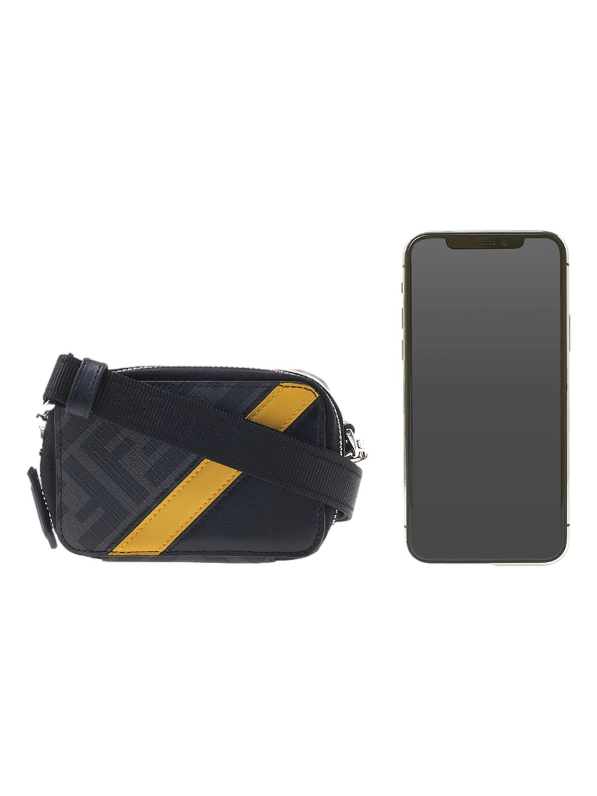 Fendi FF Diagonal Stripe Mini Camera Crossbody Bag Black Canvas Leather
