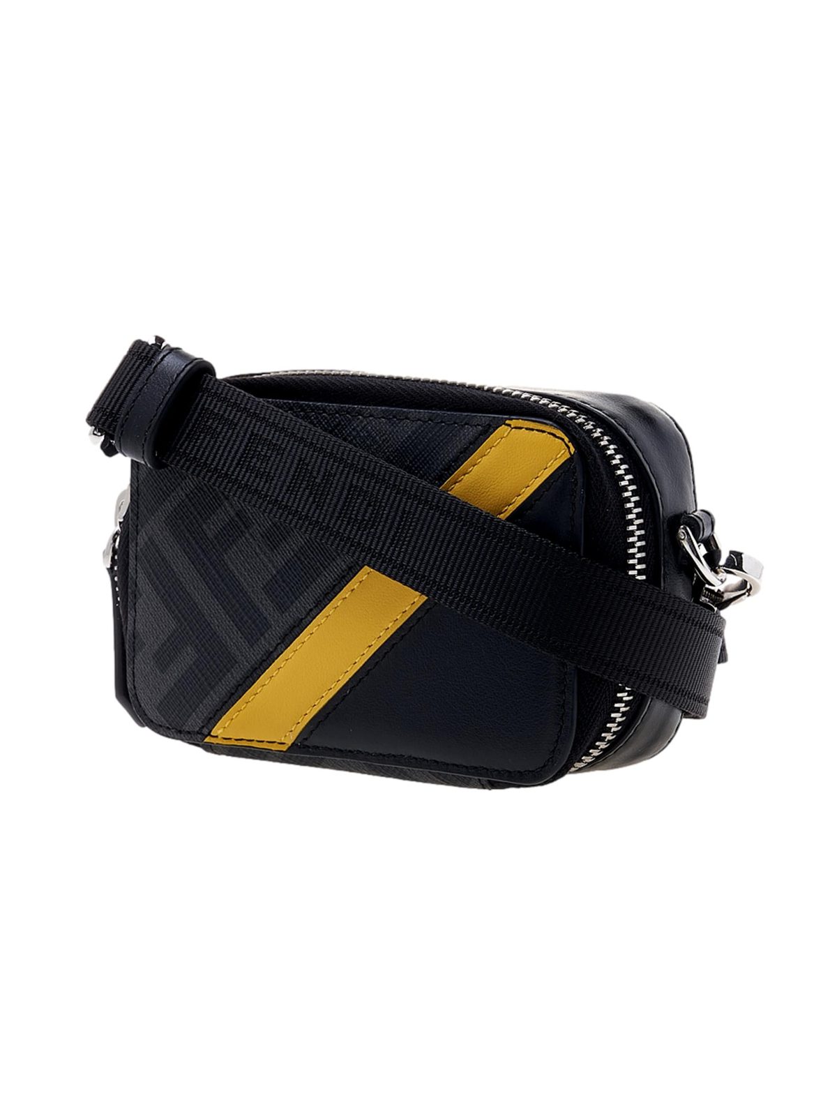 Fendi FF Diagonal Stripe Mini Camera Crossbody Bag Black Canvas Leather