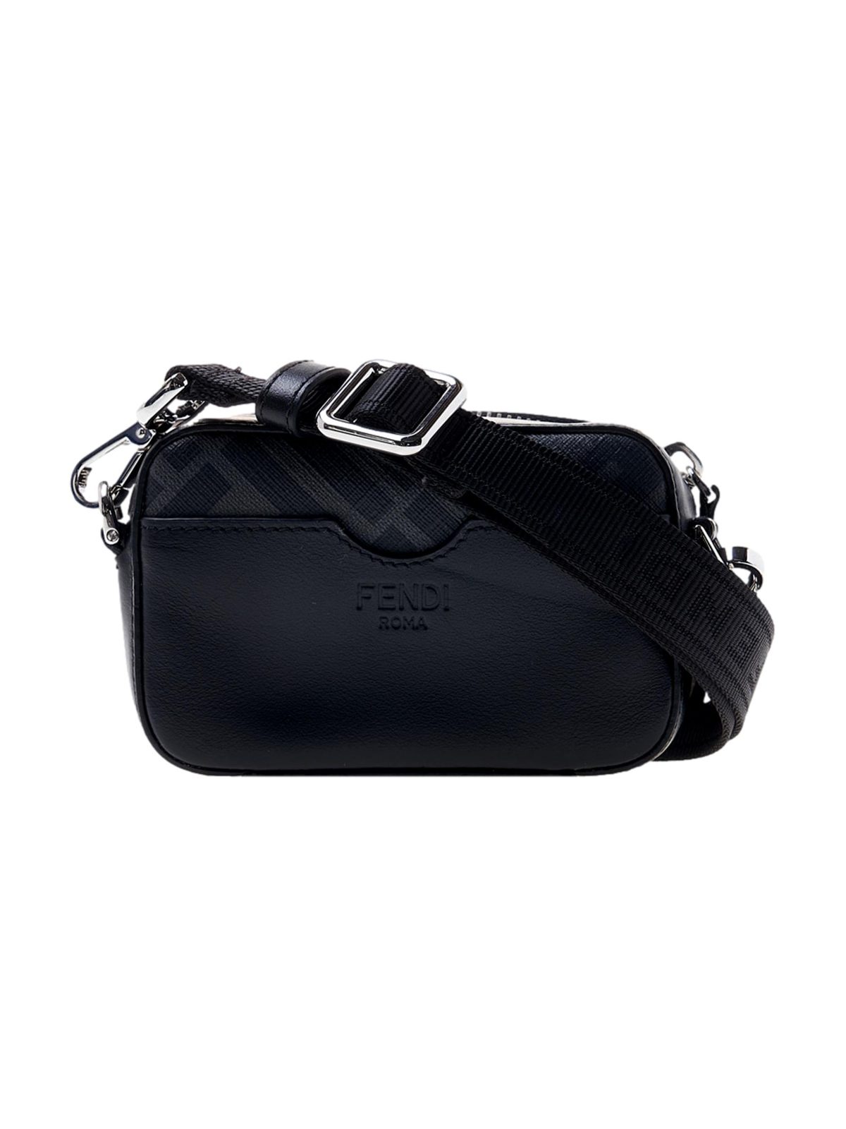 Fendi FF Diagonal Stripe Mini Camera Crossbody Bag Black Canvas Leather
