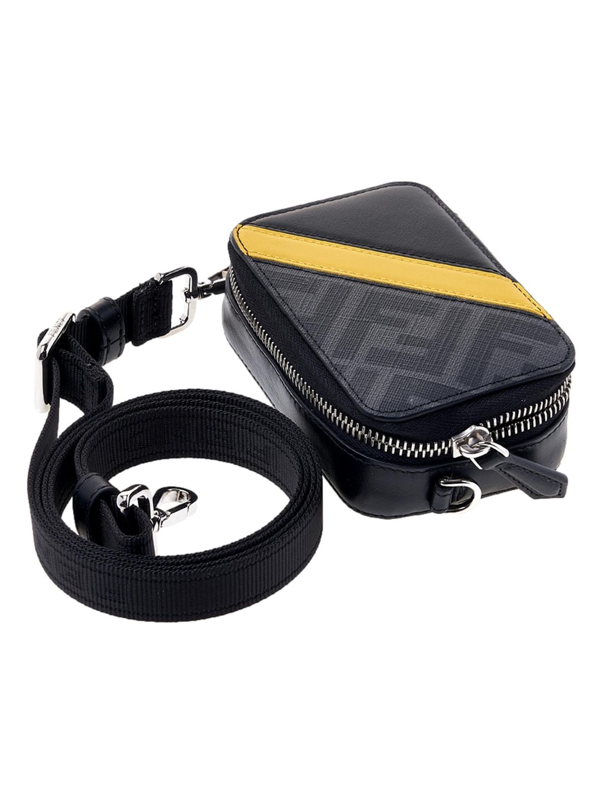 Fendi FF Diagonal Stripe Mini Camera Crossbody Bag Black Canvas Leather