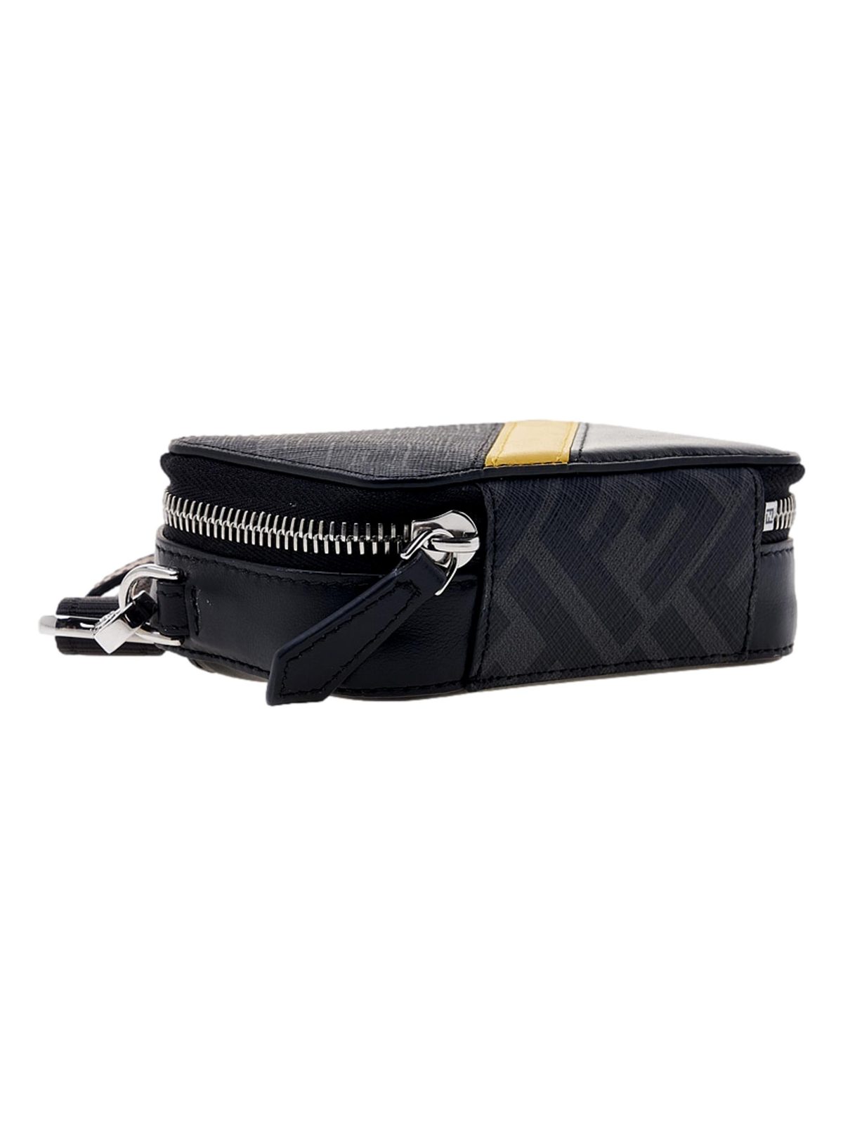 Fendi FF Diagonal Stripe Mini Camera Crossbody Bag Black Canvas Leather