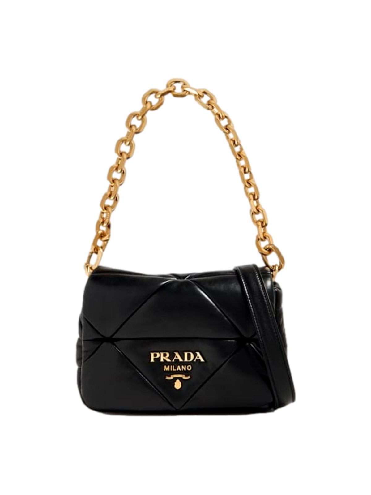 Prada Gold Logo Black Quilted Nappa Patch Leather Small Shoulder Bag