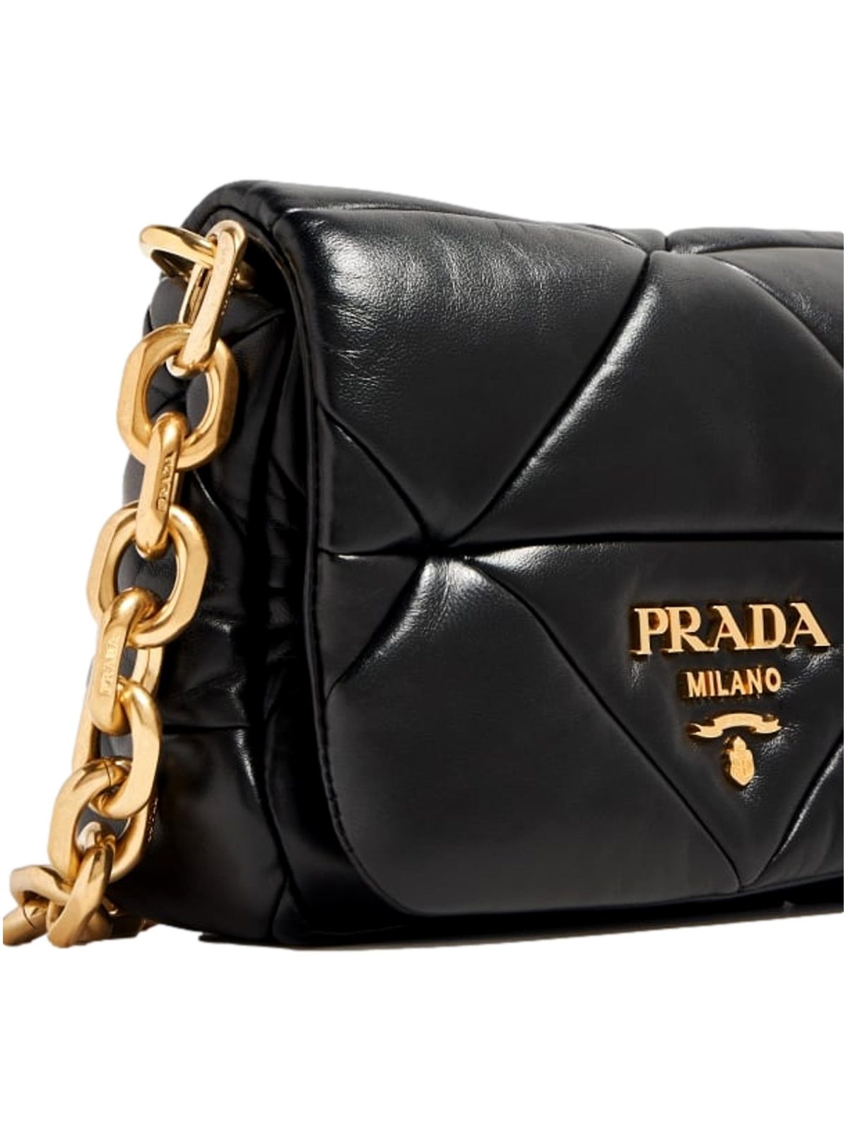 Prada Gold Logo Black Quilted Nappa Patch Leather Small Shoulder Bag