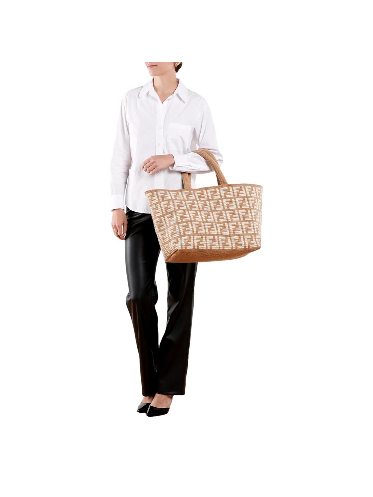 Fendi FF Cammello Large Shopper Tote Beige Knitted Cashmere Bag
