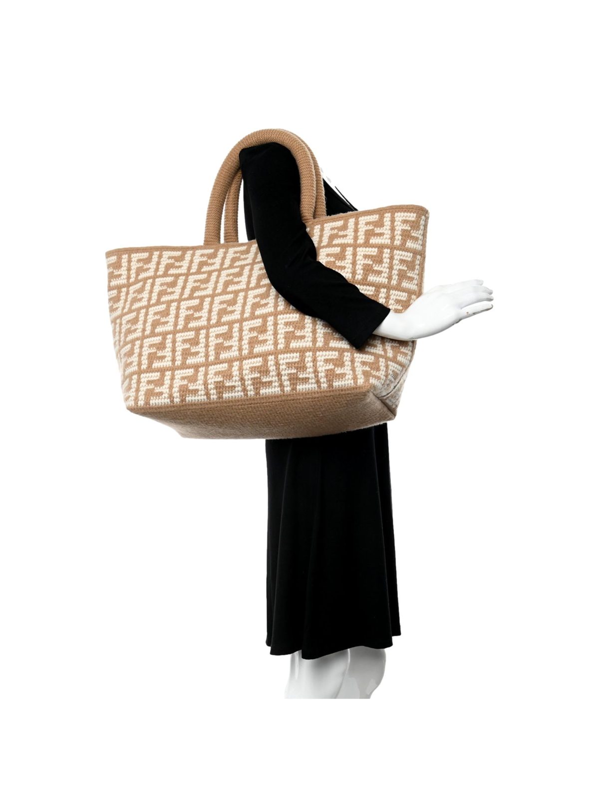 Fendi FF Cammello Large Shopper Tote Beige Knitted Cashmere Bag