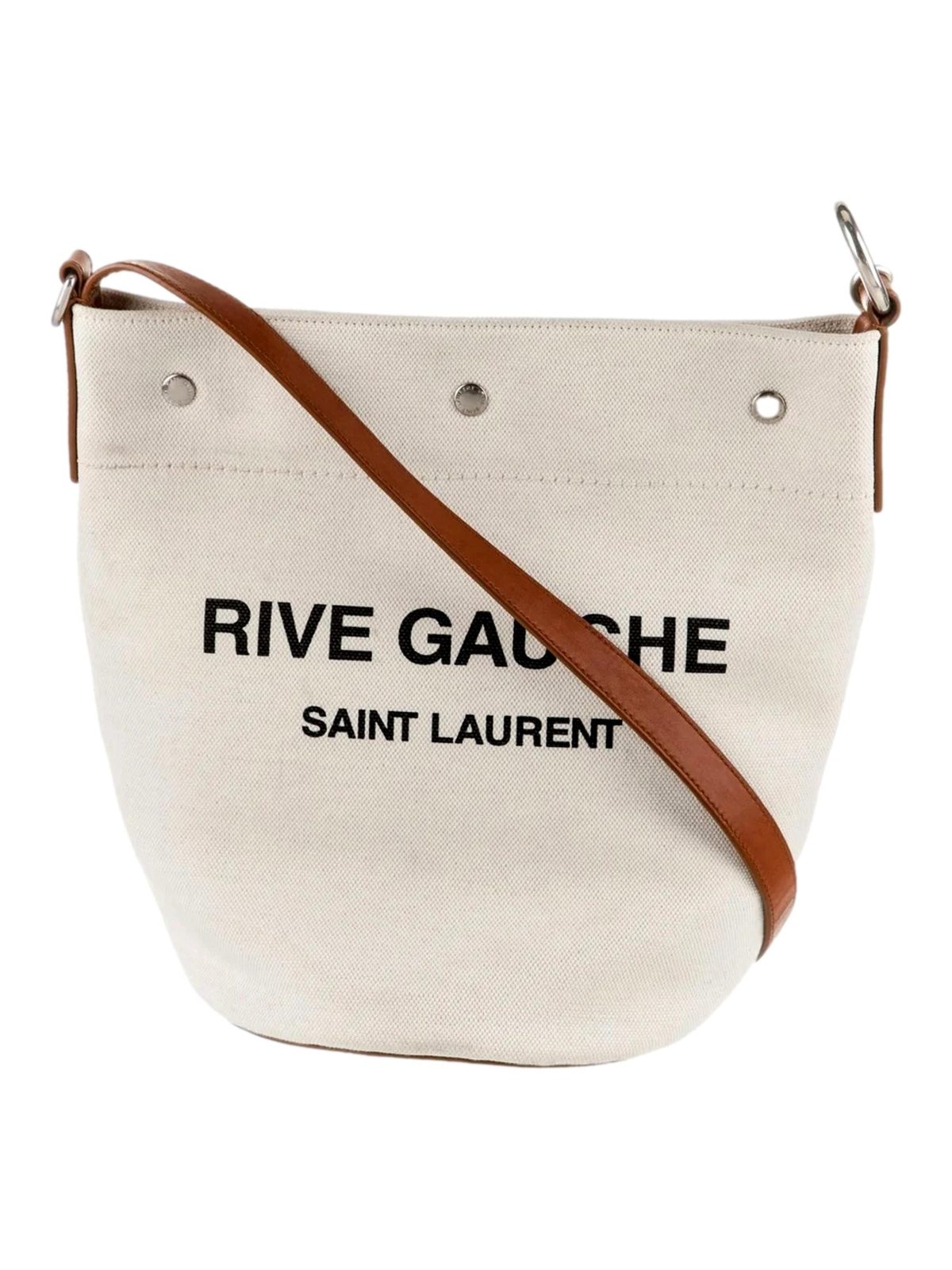 Saint Laurent Rive Gauche Brown Leather Trim Linen Bucket Bag