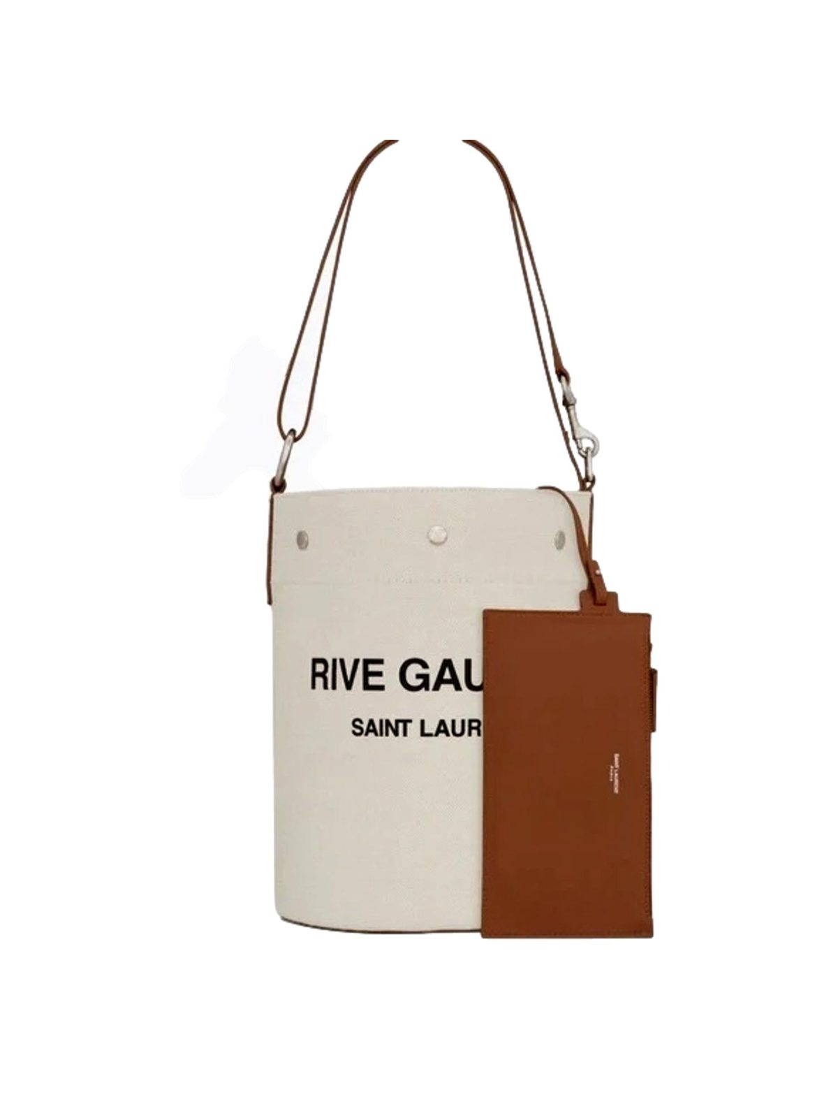 Saint Laurent Rive Gauche Brown Leather Trim Linen Bucket Bag